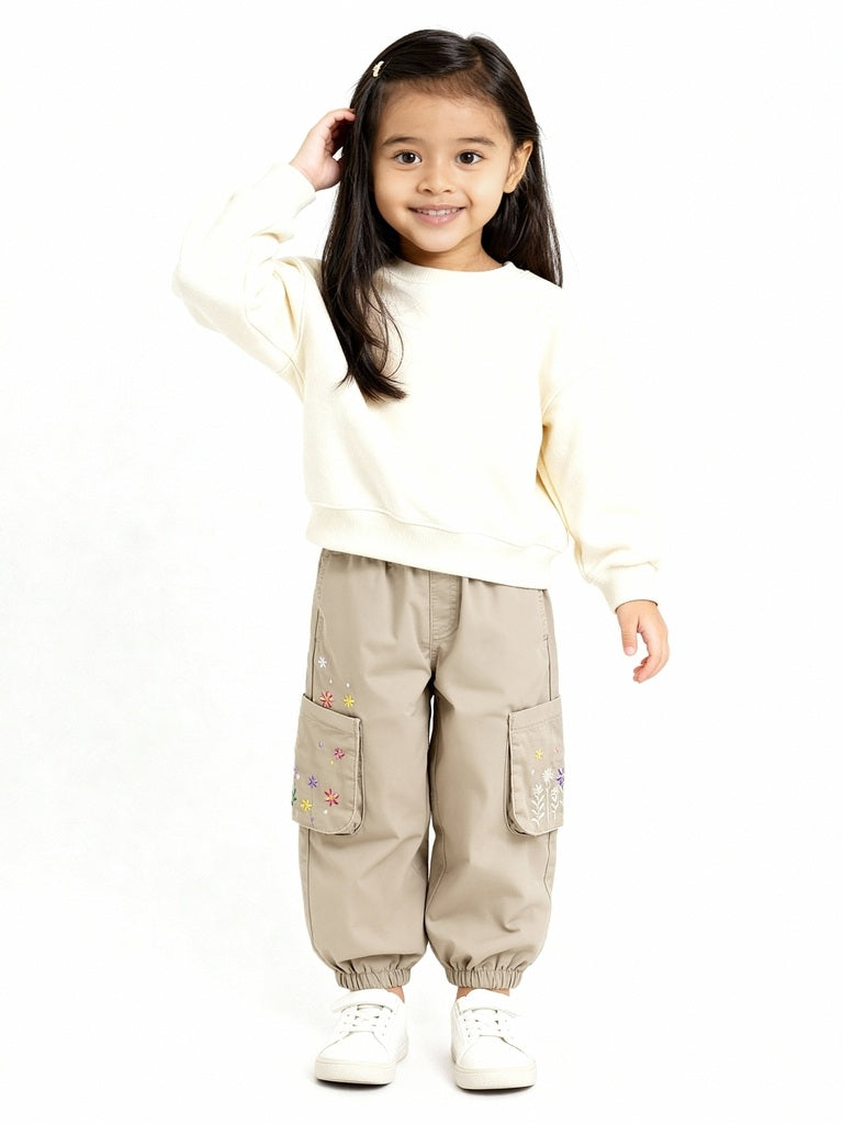 HOP Kids Girls Beige Floral Embroidered Mid-Rise Cotton Joggers