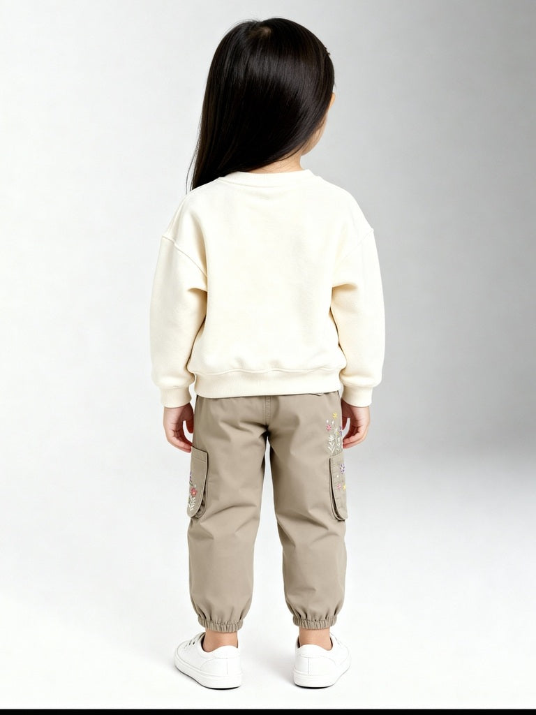 HOP Kids Girls Beige Floral Embroidered Mid-Rise Cotton Joggers
