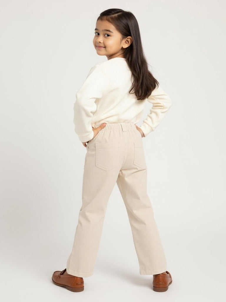 HOP Kids Girls Beige Floral Printed High-Rise Corduroy Trousers
