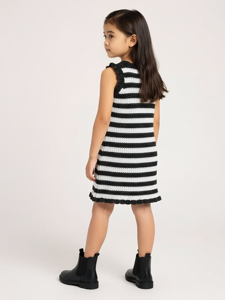 HOP Kids Girls Black Striped Knit-Textured A-Line Dress