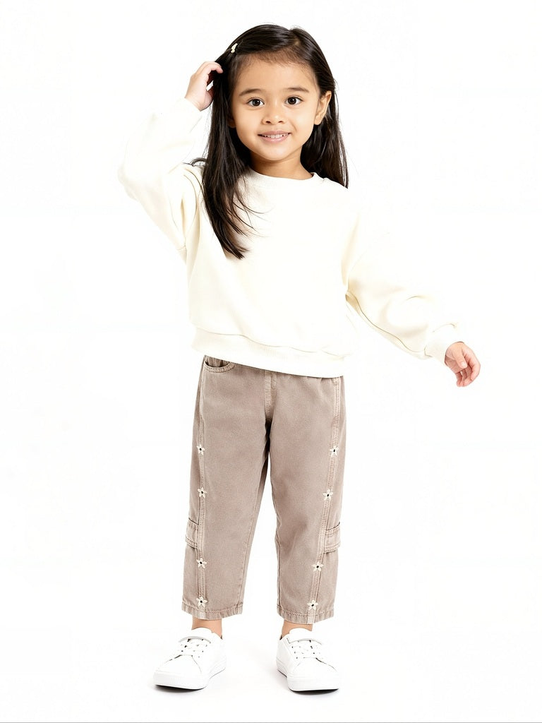 HOP Kids Girls Brown Floral Embroidered High-Rise Jeans