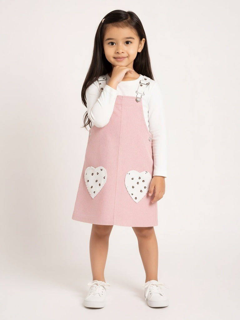 HOP Kids Girls Pink Corduroy Pinafore with T-Shirt Set