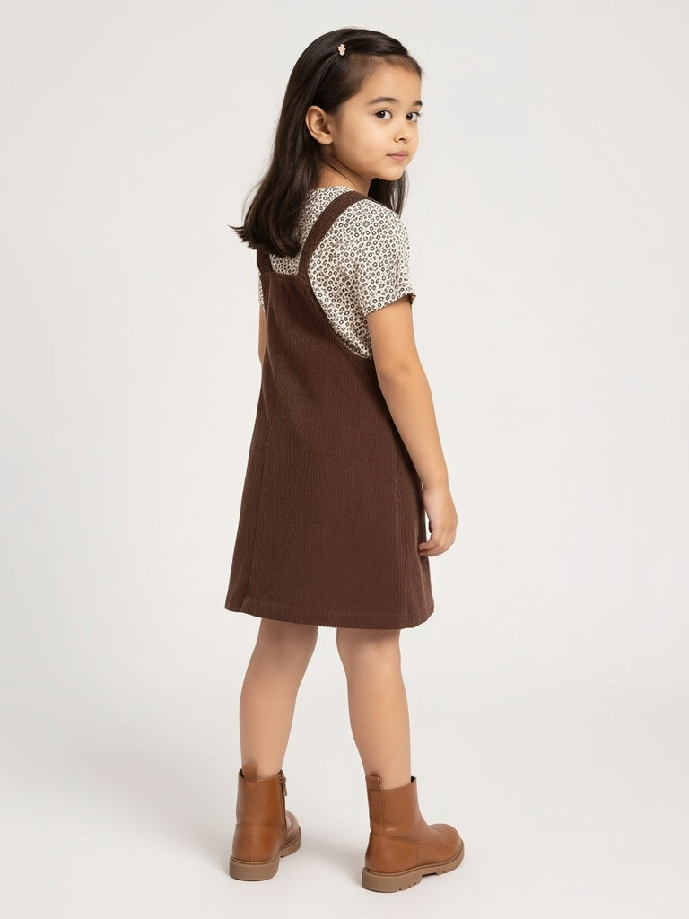HOP Kids Girls Dark Brown Corduroy Pinafore with T-Shirt Set