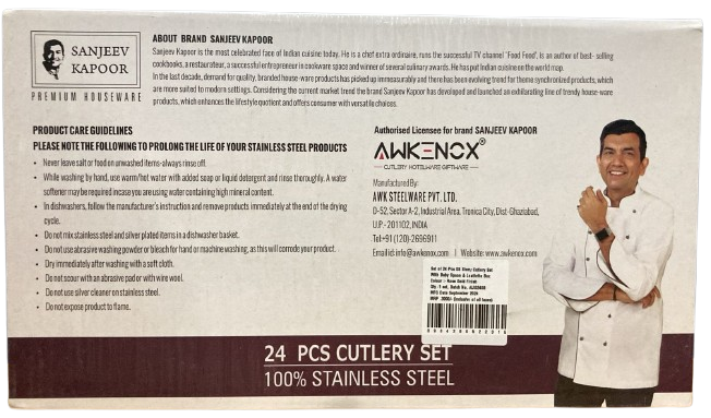 Sanjeev Kapoor Set of 24 Pcs SS Stony Cutlery Set With Baby Spoon & Leathrite Box Gold Finish