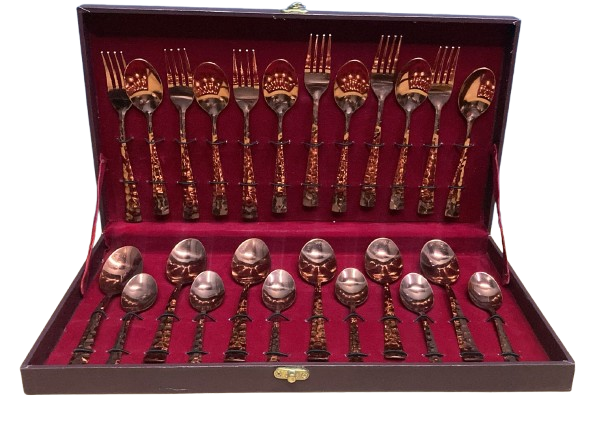 Sanjeev Kapoor Set of 24 Pcs SS Stony Cutlery Set With Baby Spoon & Leathrite Box Gold Finish