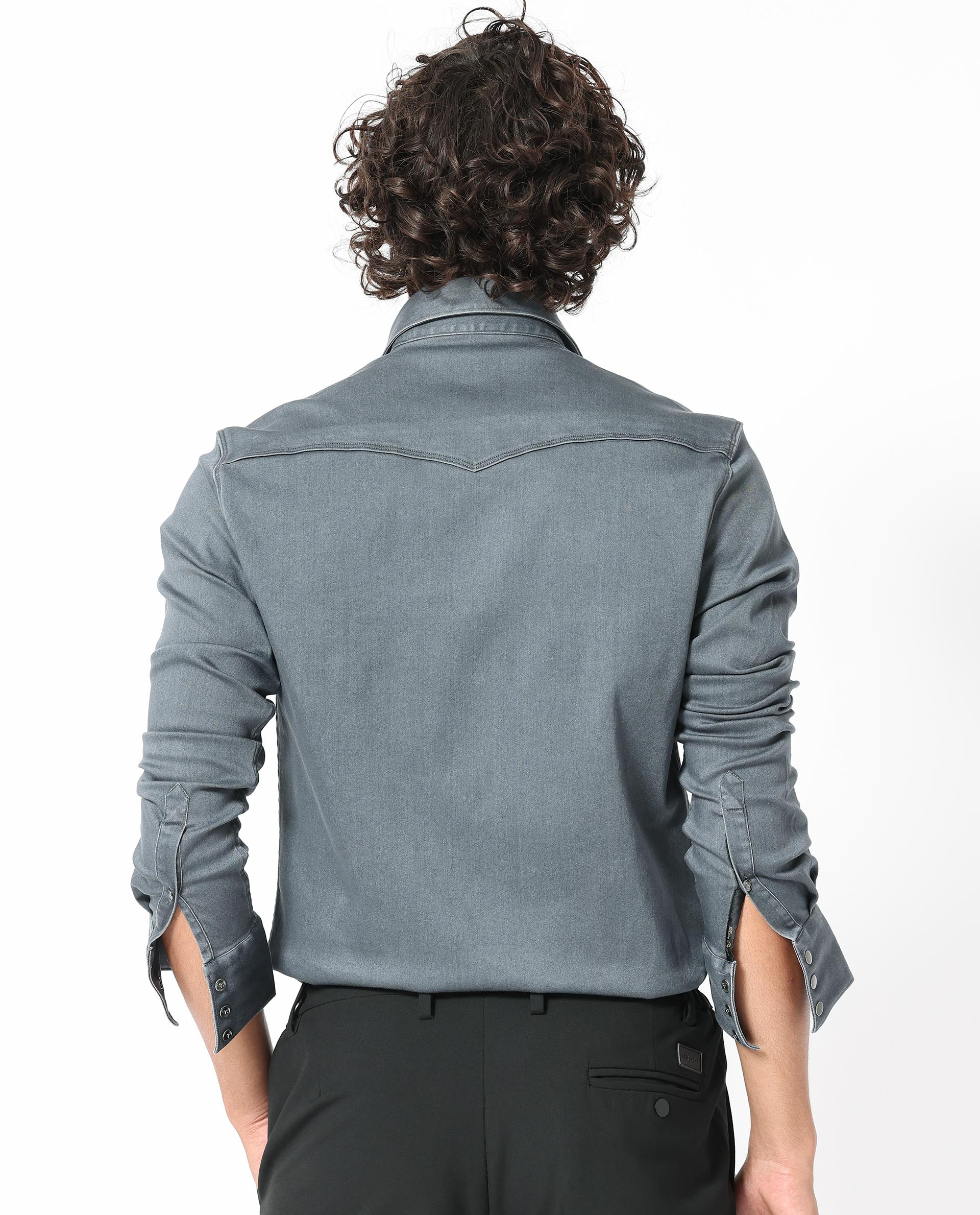 Rare Rabbit Men's Xenon Grey Cotton Plain Tailored Fit Full Sleeve Collared Shirt