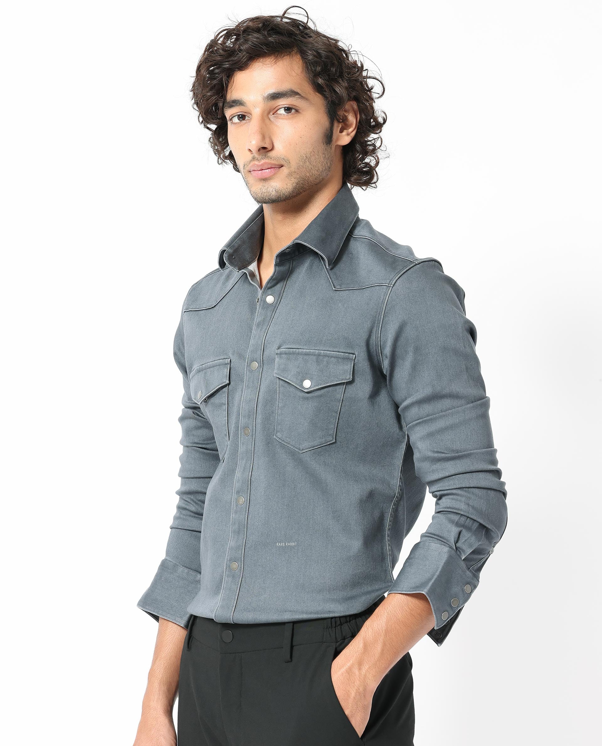 Rare Rabbit Men's Xenon Grey Cotton Plain Tailored Fit Full Sleeve Collared Shirt