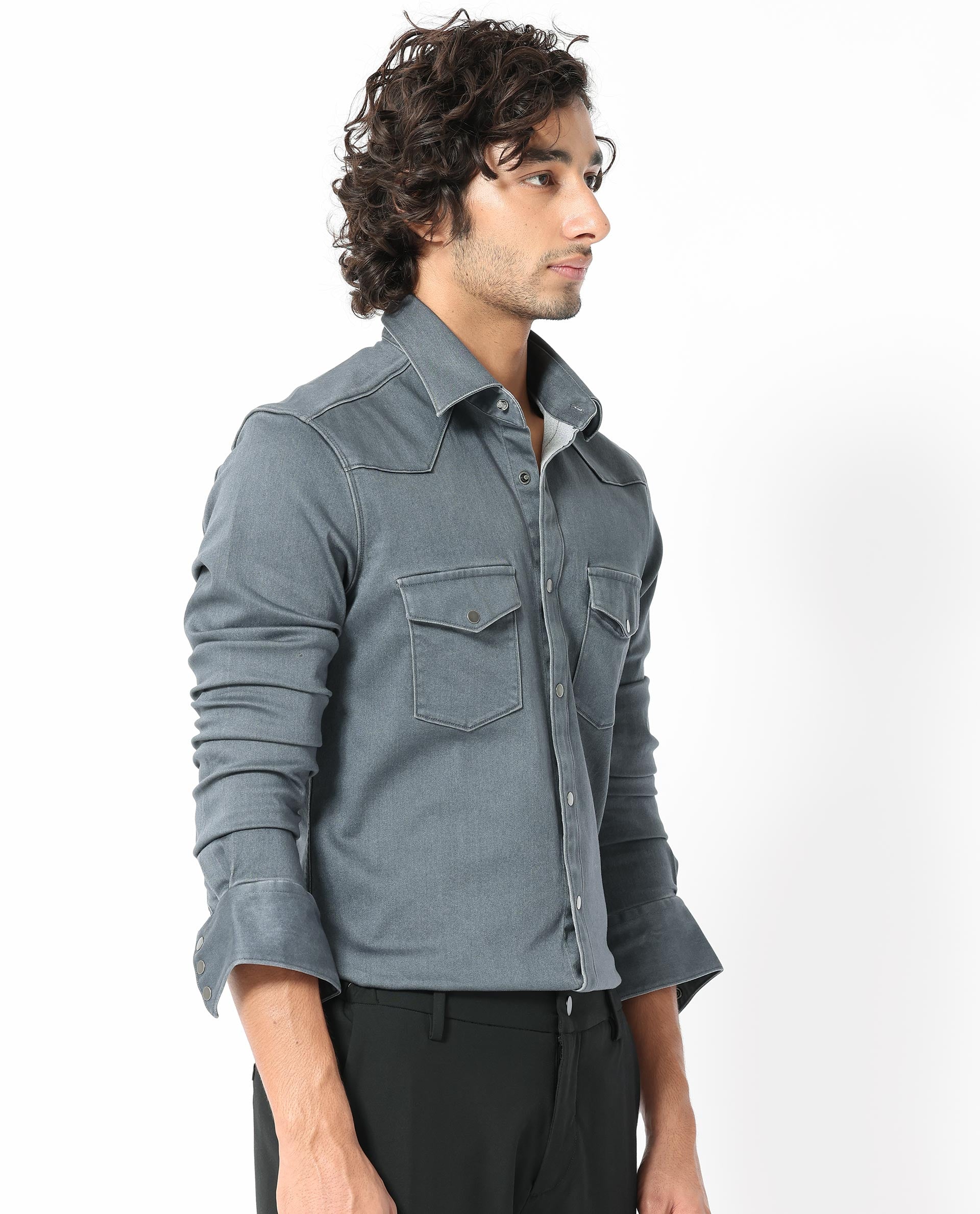 Rare Rabbit Men's Xenon Grey Cotton Plain Tailored Fit Full Sleeve Collared Shirt