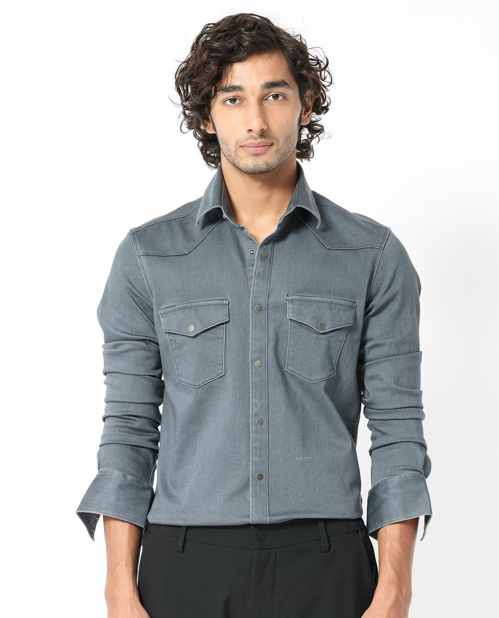 Rare Rabbit Men's Xenon Grey Cotton Plain Tailored Fit Full Sleeve Collared Shirt