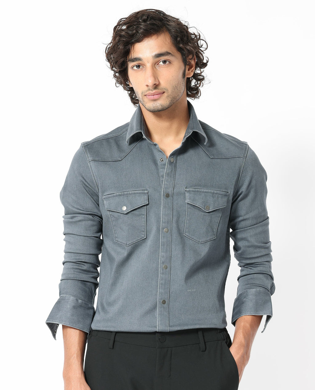Rare Rabbit Men's Xenon Grey Cotton Plain Tailored Fit Full Sleeve Collared Shirt