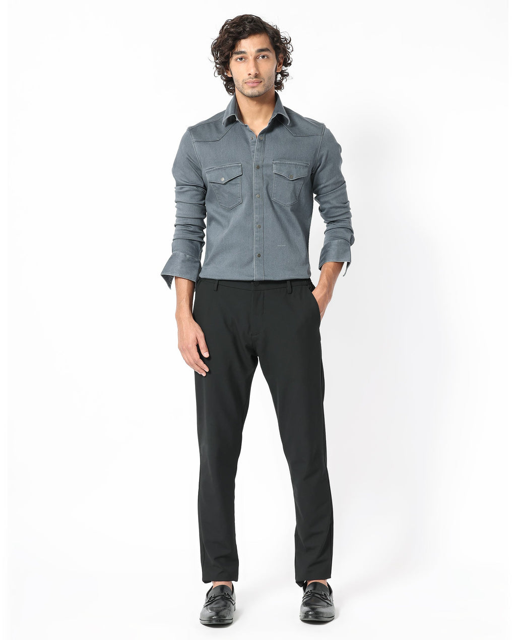 Rare Rabbit Men's Xenon Grey Cotton Plain Tailored Fit Full Sleeve Collared Shirt
