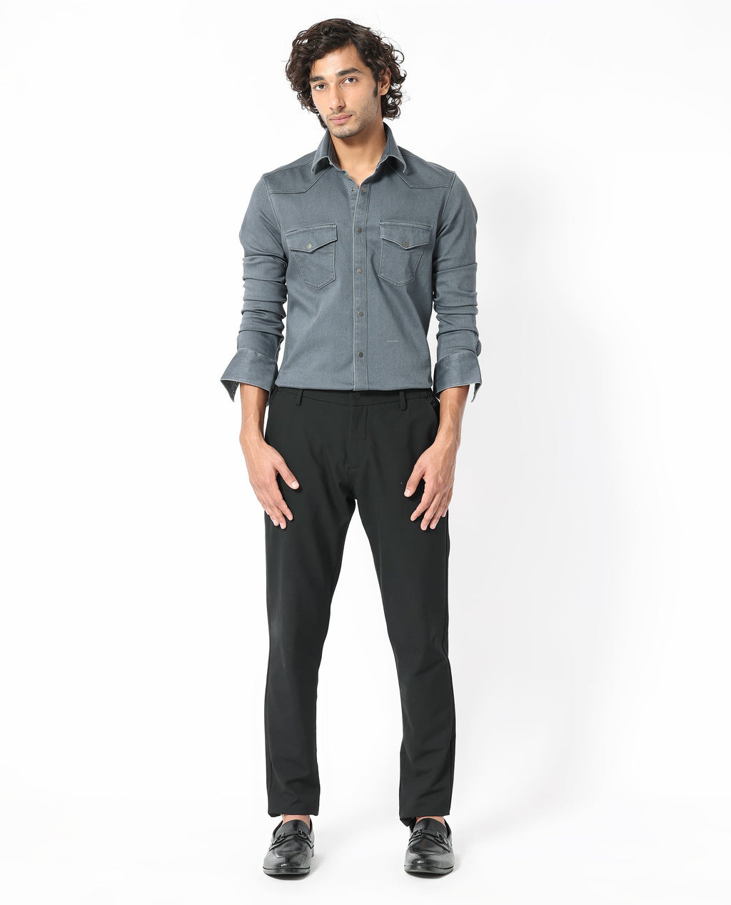 Rare Rabbit Men's Xenon Grey Cotton Plain Tailored Fit Full Sleeve Collared Shirt