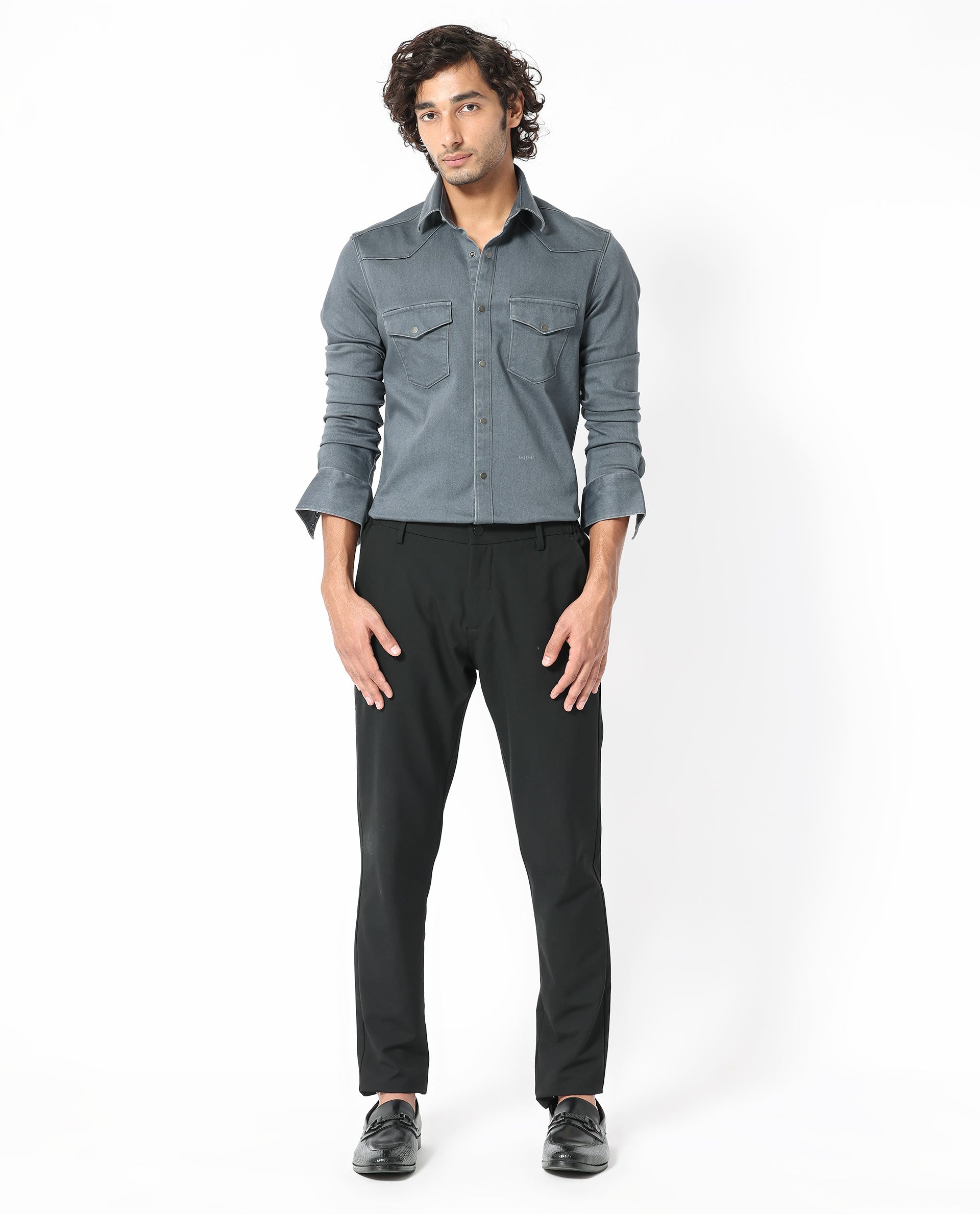 Rare Rabbit Men's Xenon Grey Cotton Plain Tailored Fit Full Sleeve Collared Shirt