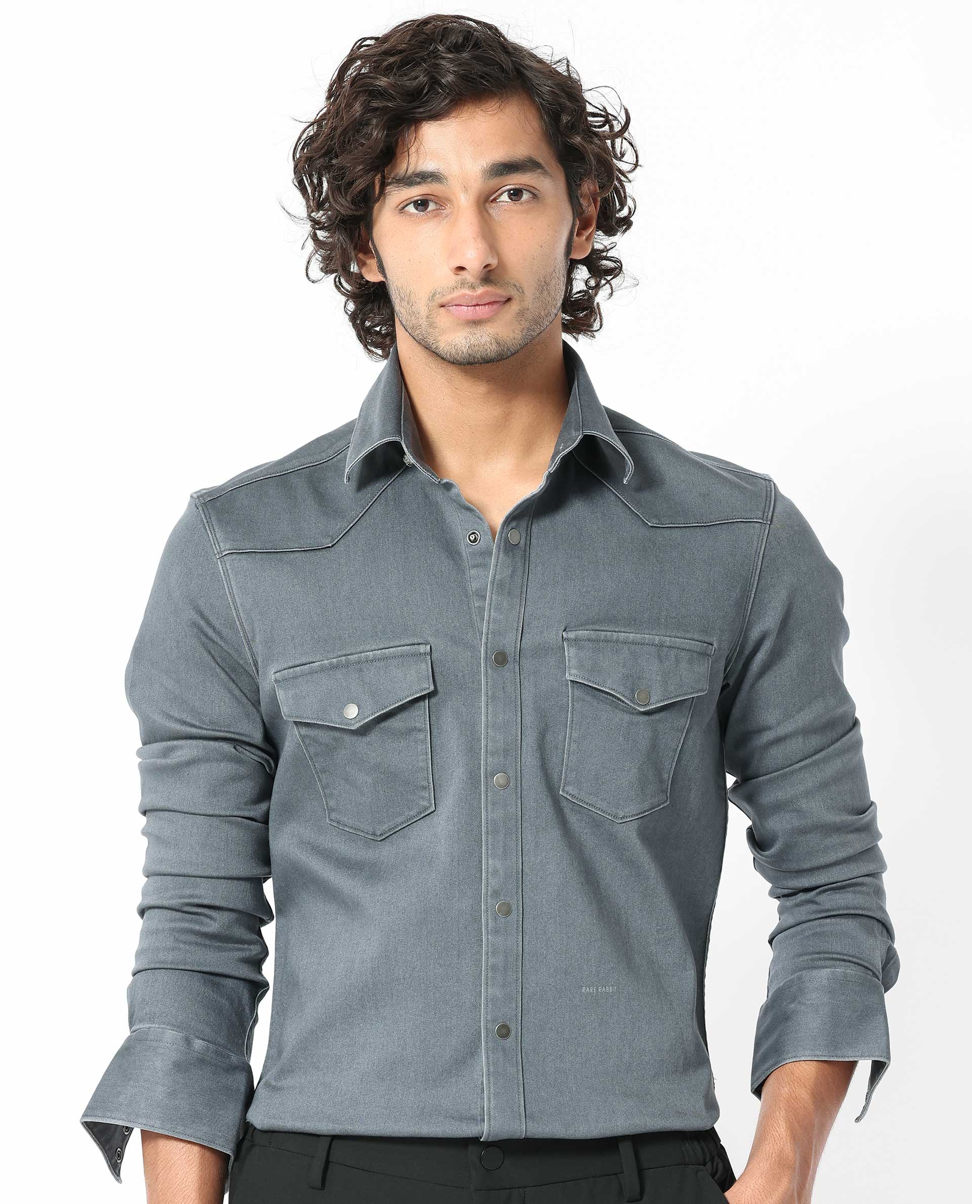 Rare Rabbit Men's Xenon Grey Cotton Plain Tailored Fit Full Sleeve Collared Shirt