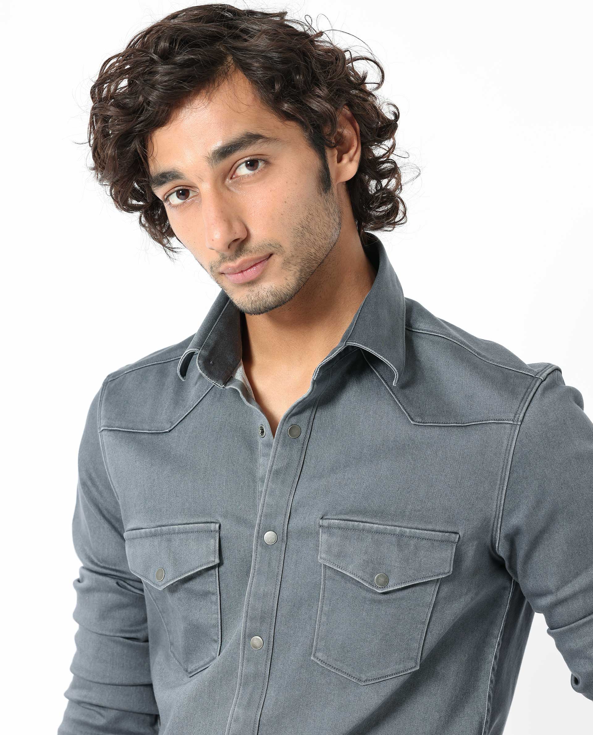 Rare Rabbit Men's Xenon Grey Cotton Plain Tailored Fit Full Sleeve Collared Shirt