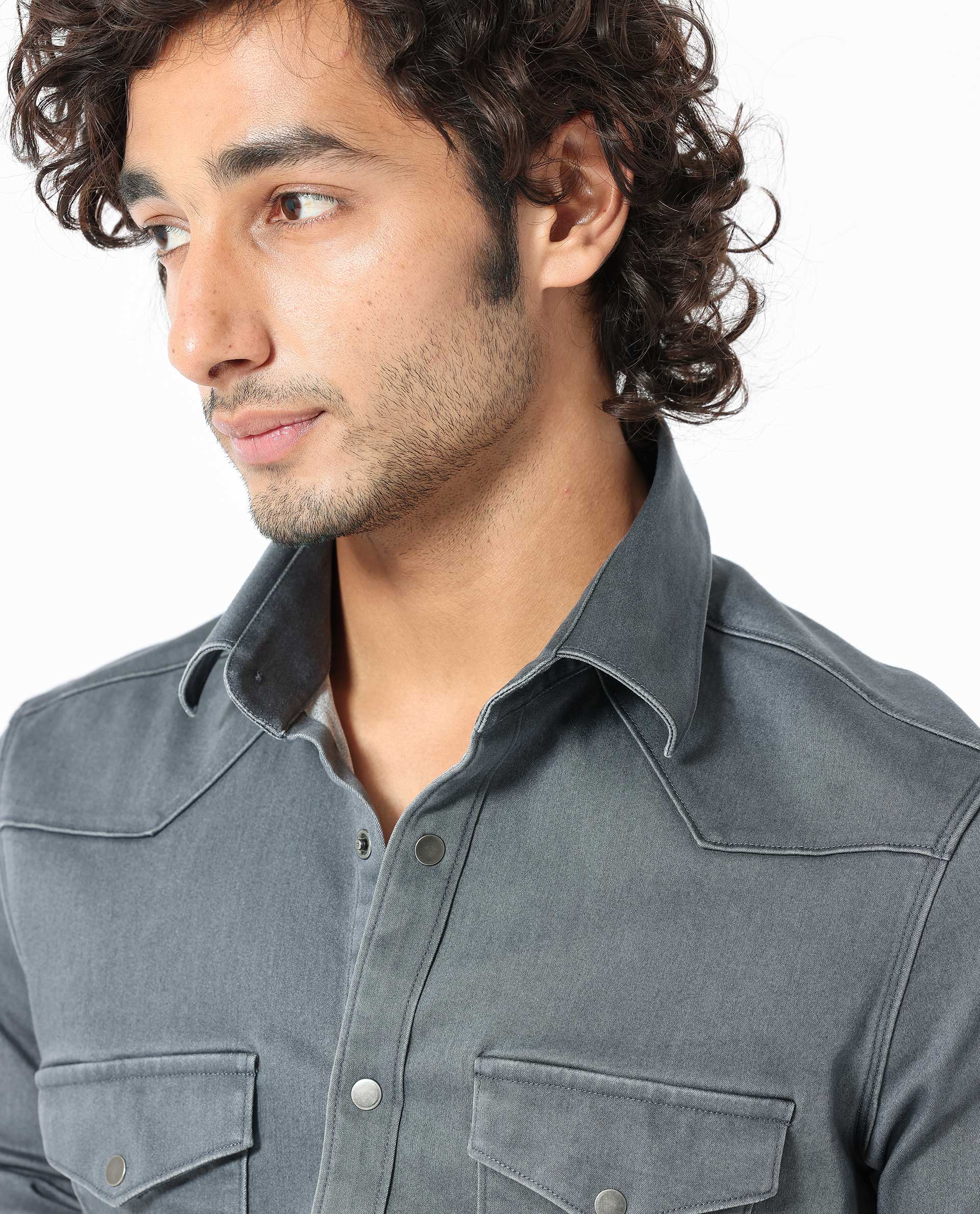 Rare Rabbit Men's Xenon Grey Cotton Plain Tailored Fit Full Sleeve Collared Shirt