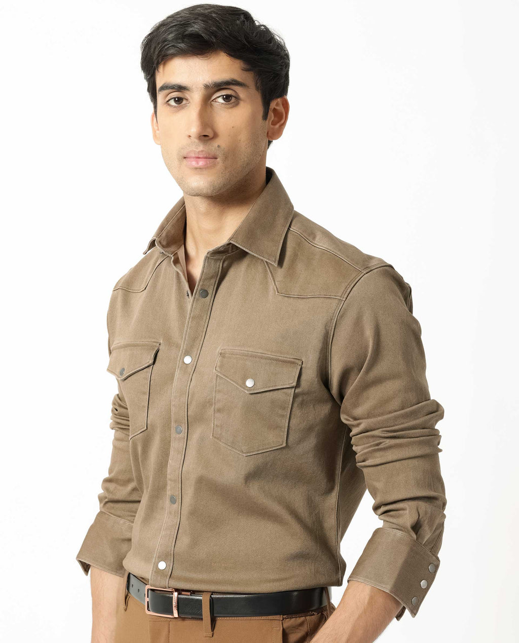 Rare Rabbit Men's Xenon Khaki Cotton Plain Regular Fit Spread Collar Shirt