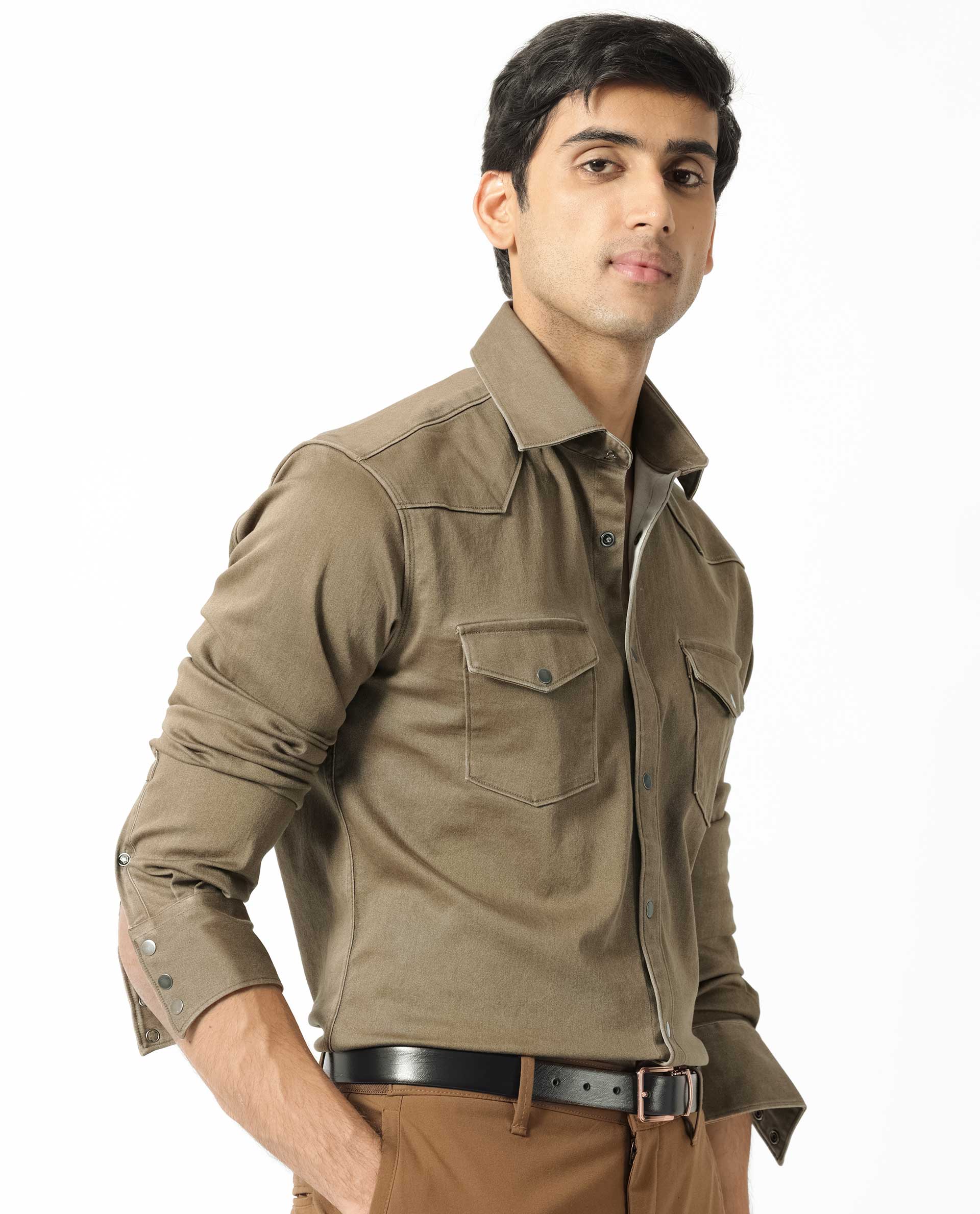 Rare Rabbit Men's Xenon Khaki Cotton Plain Regular Fit Spread Collar Shirt
