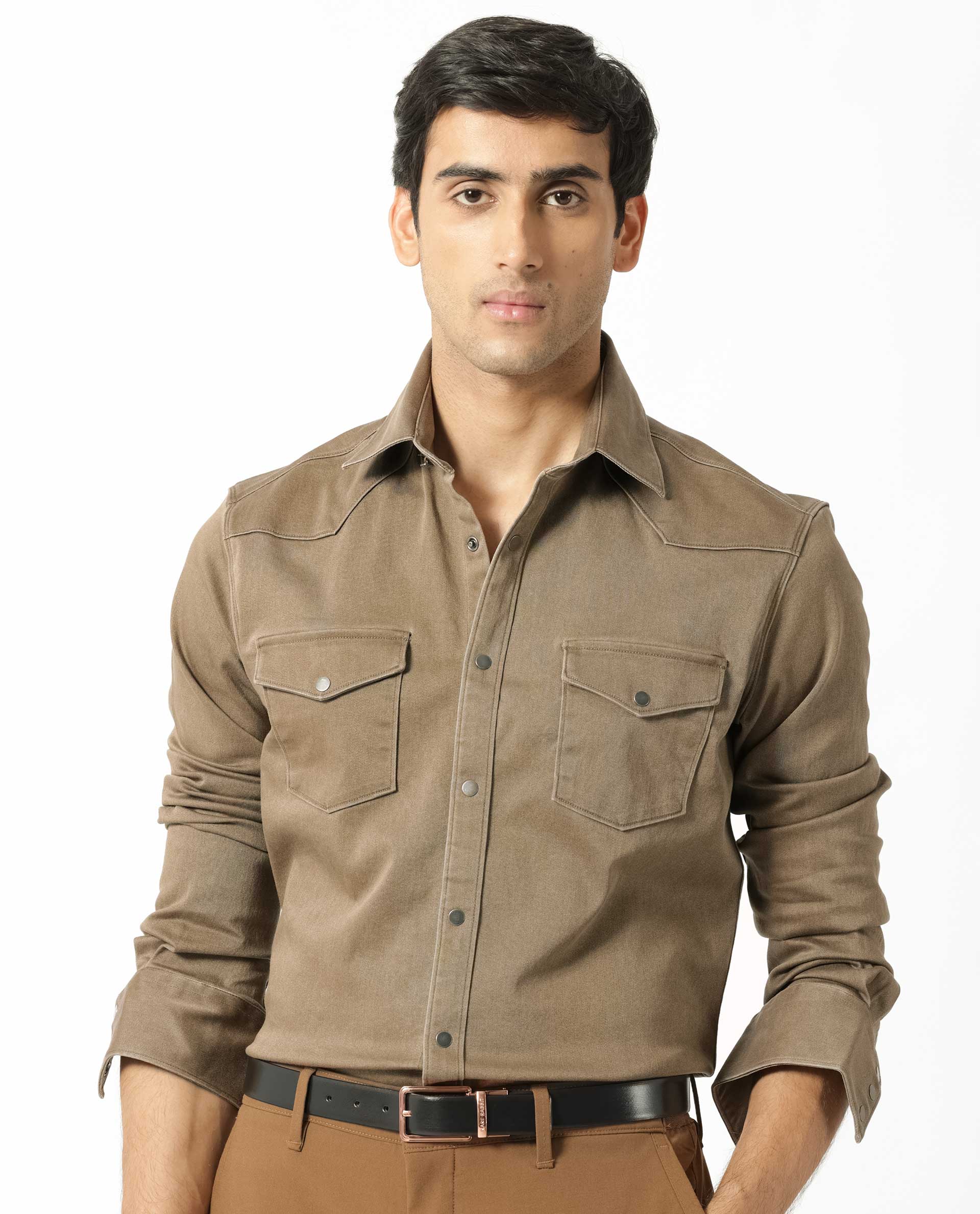 Rare Rabbit Men's Xenon Khaki Cotton Plain Regular Fit Spread Collar Shirt