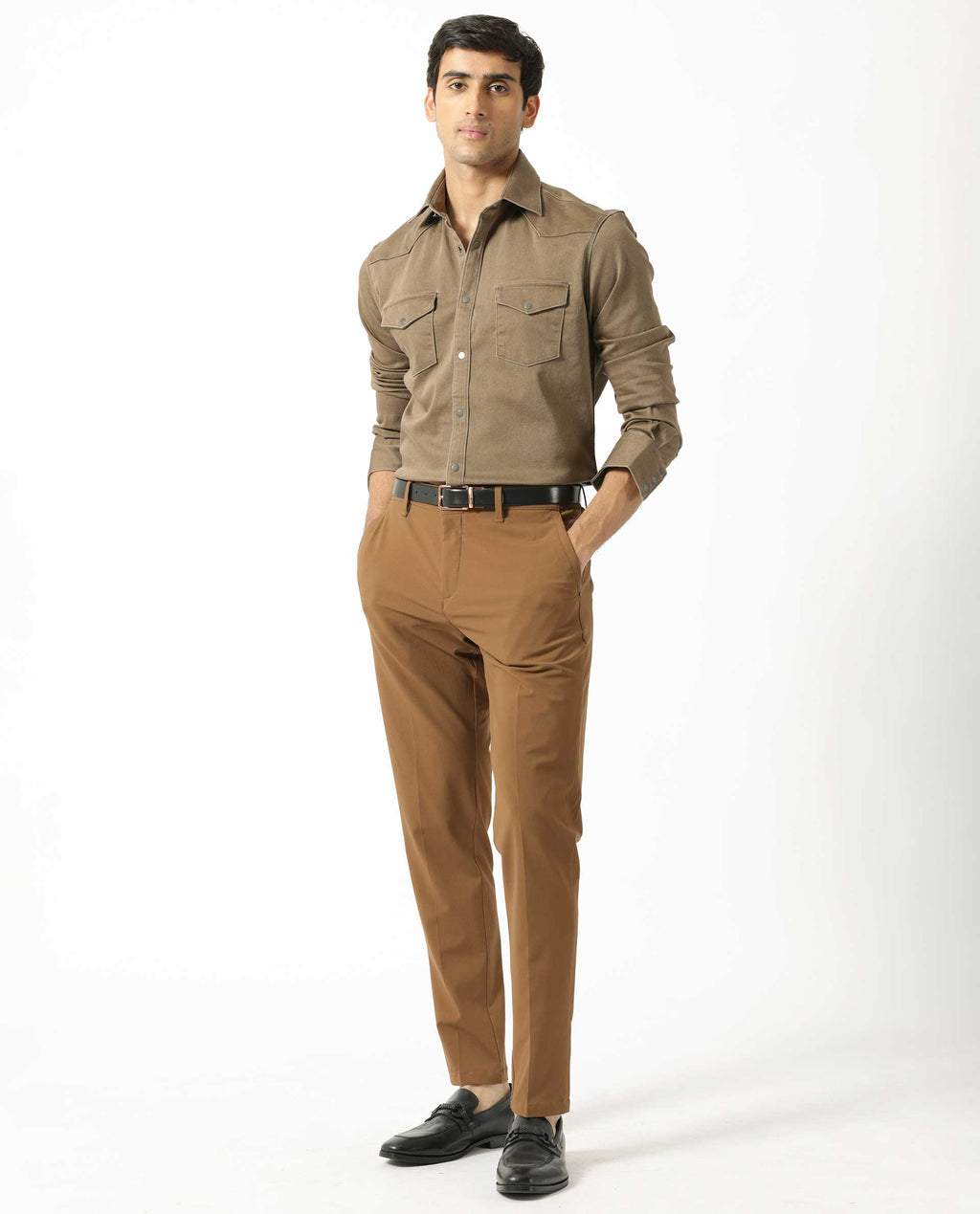 Rare Rabbit Men's Xenon Khaki Cotton Plain Regular Fit Spread Collar Shirt
