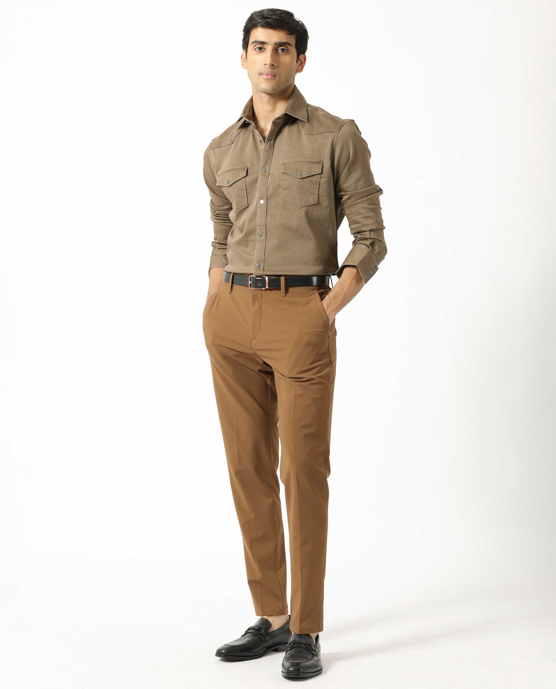 Rare Rabbit Men's Xenon Khaki Cotton Plain Regular Fit Spread Collar Shirt