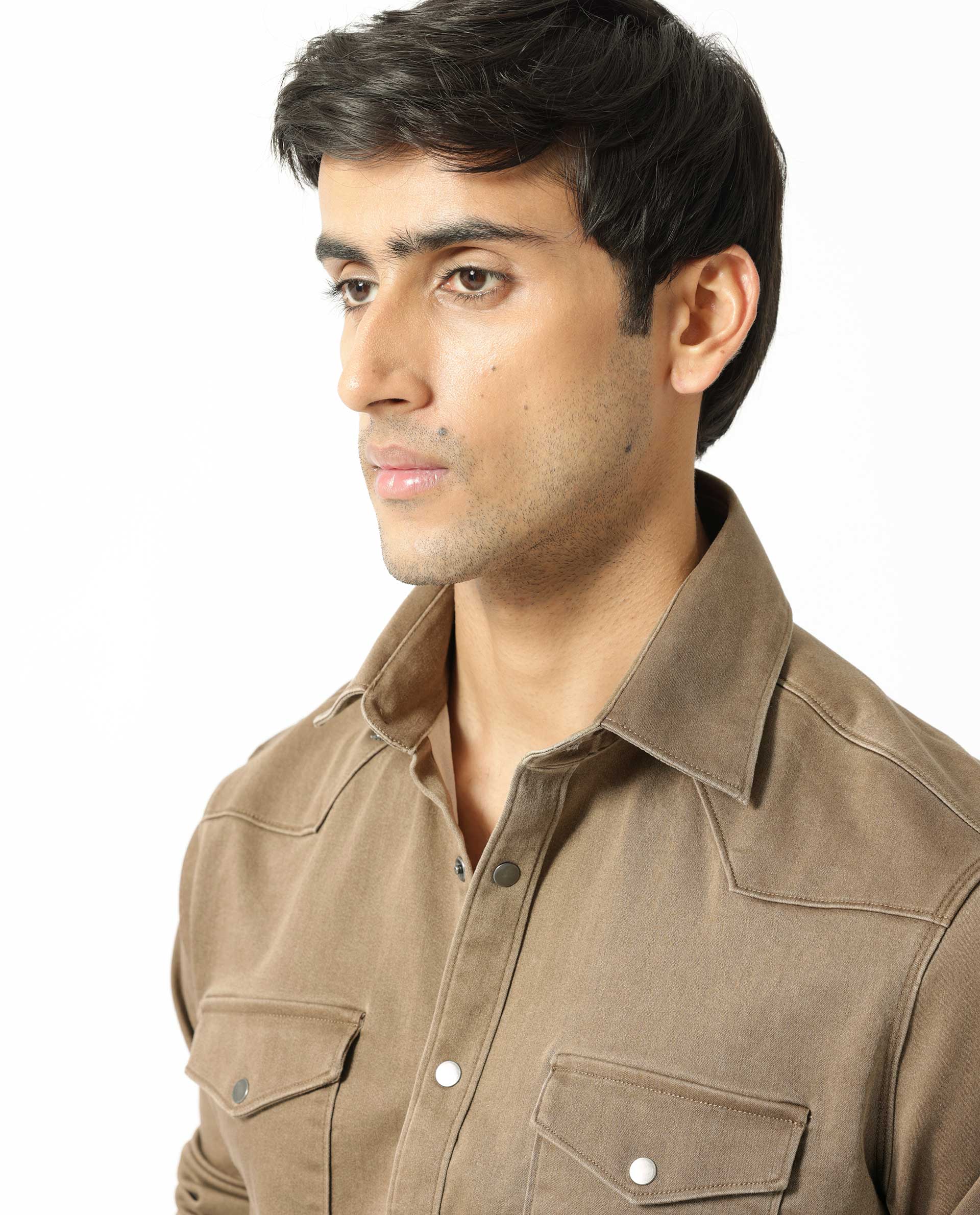 Rare Rabbit Men's Xenon Khaki Cotton Plain Regular Fit Spread Collar Shirt