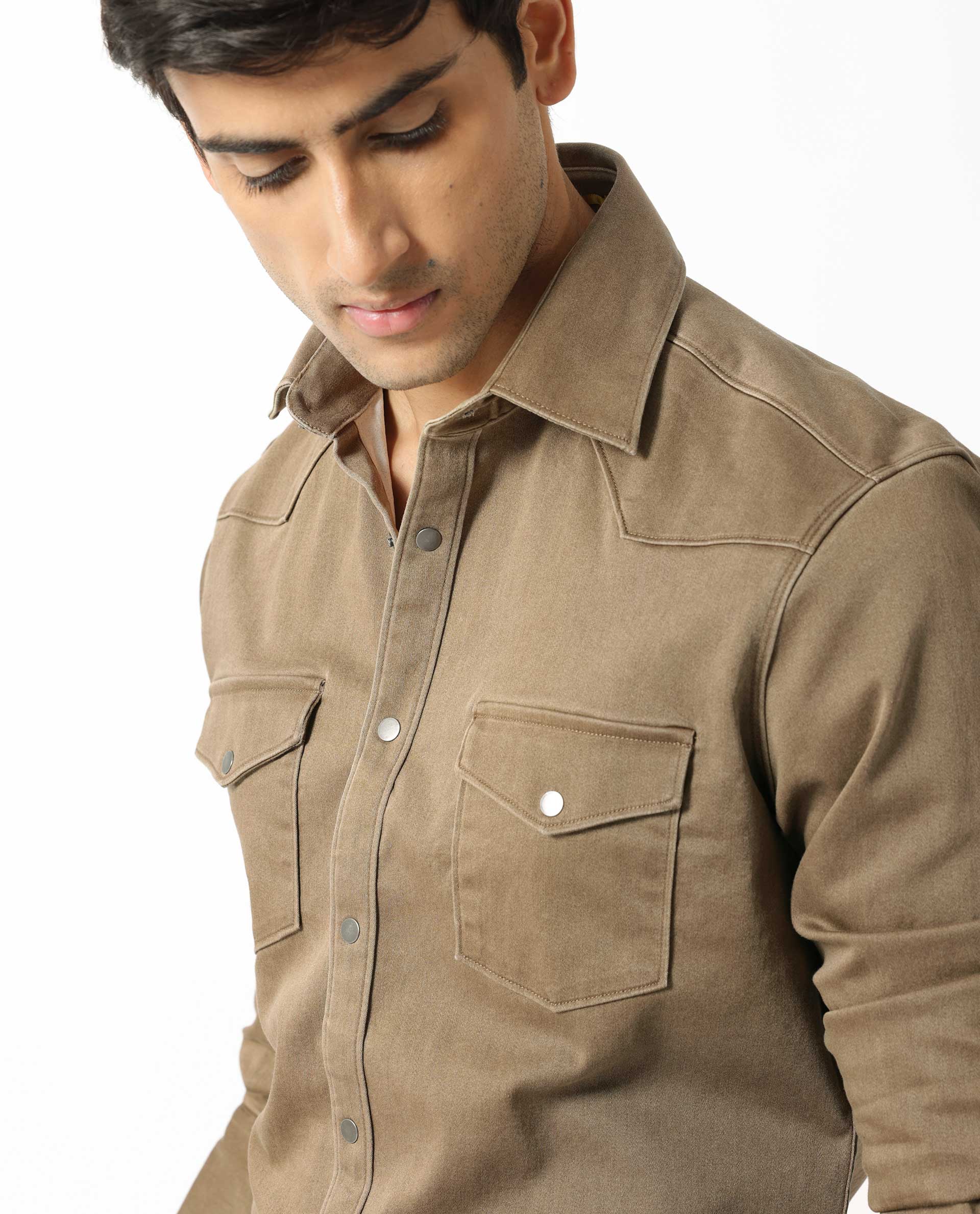 Rare Rabbit Men's Xenon Khaki Cotton Plain Regular Fit Spread Collar Shirt