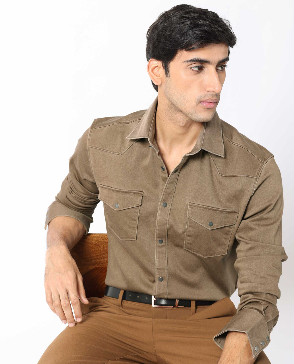 Rare Rabbit Men's Xenon Khaki Cotton Plain Regular Fit Spread Collar Shirt
