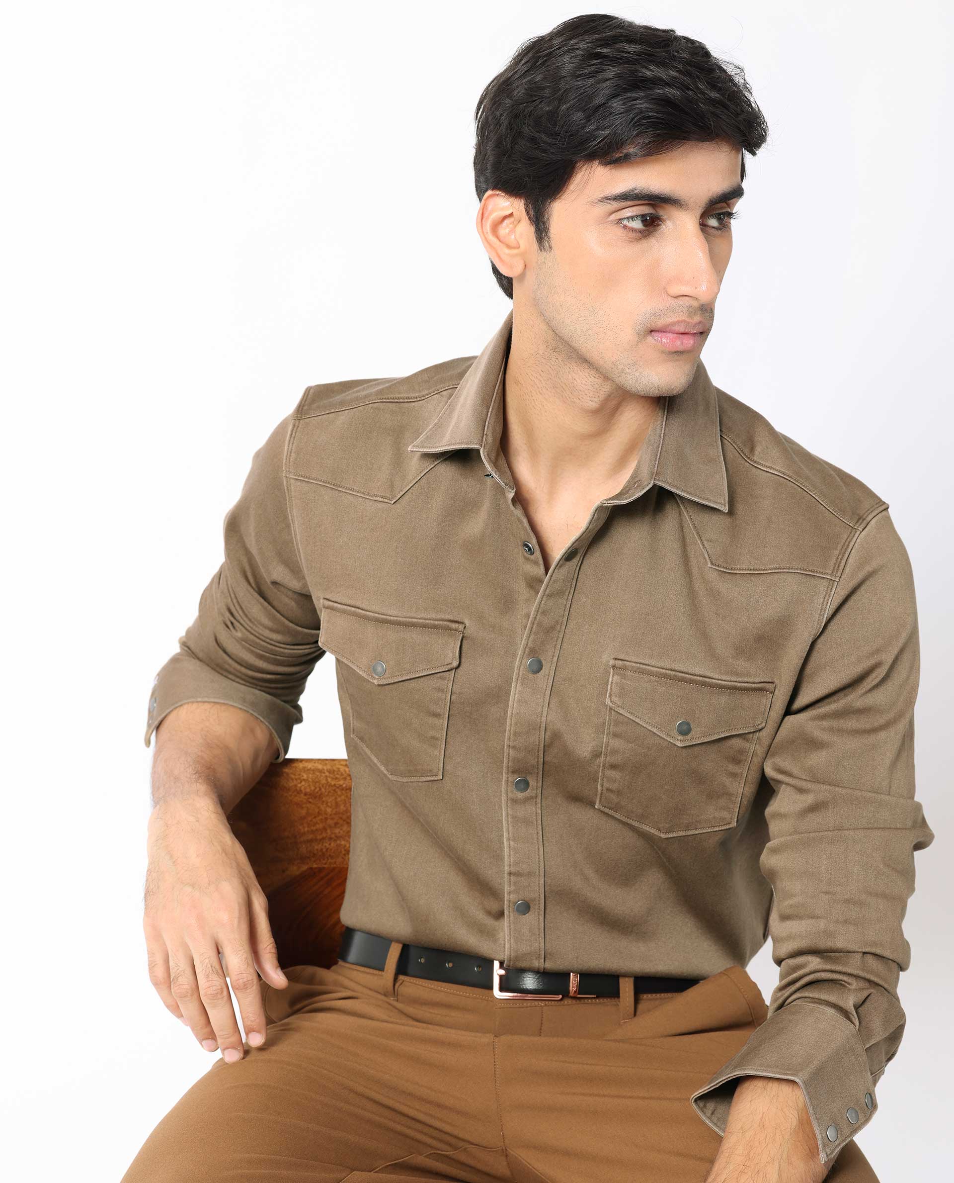 Rare Rabbit Men's Xenon Khaki Cotton Plain Regular Fit Spread Collar Shirt