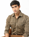 Rare Rabbit Men's Xenon Khaki Cotton Plain Regular Fit Spread Collar Shirt