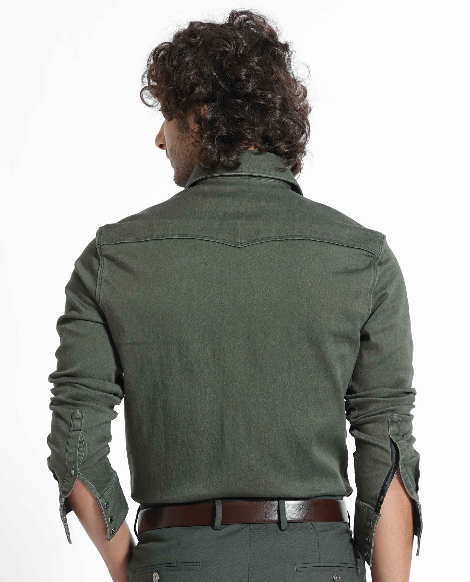 Rare Rabbit Men's Xenon Olive Cotton Plain Tailored Fit Full Sleeve Collared Shirt