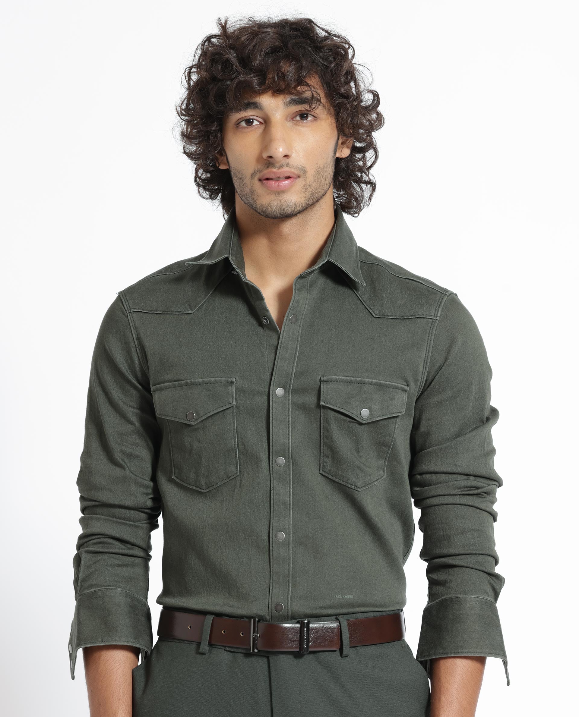 Rare Rabbit Men's Xenon Olive Cotton Plain Tailored Fit Full Sleeve Collared Shirt