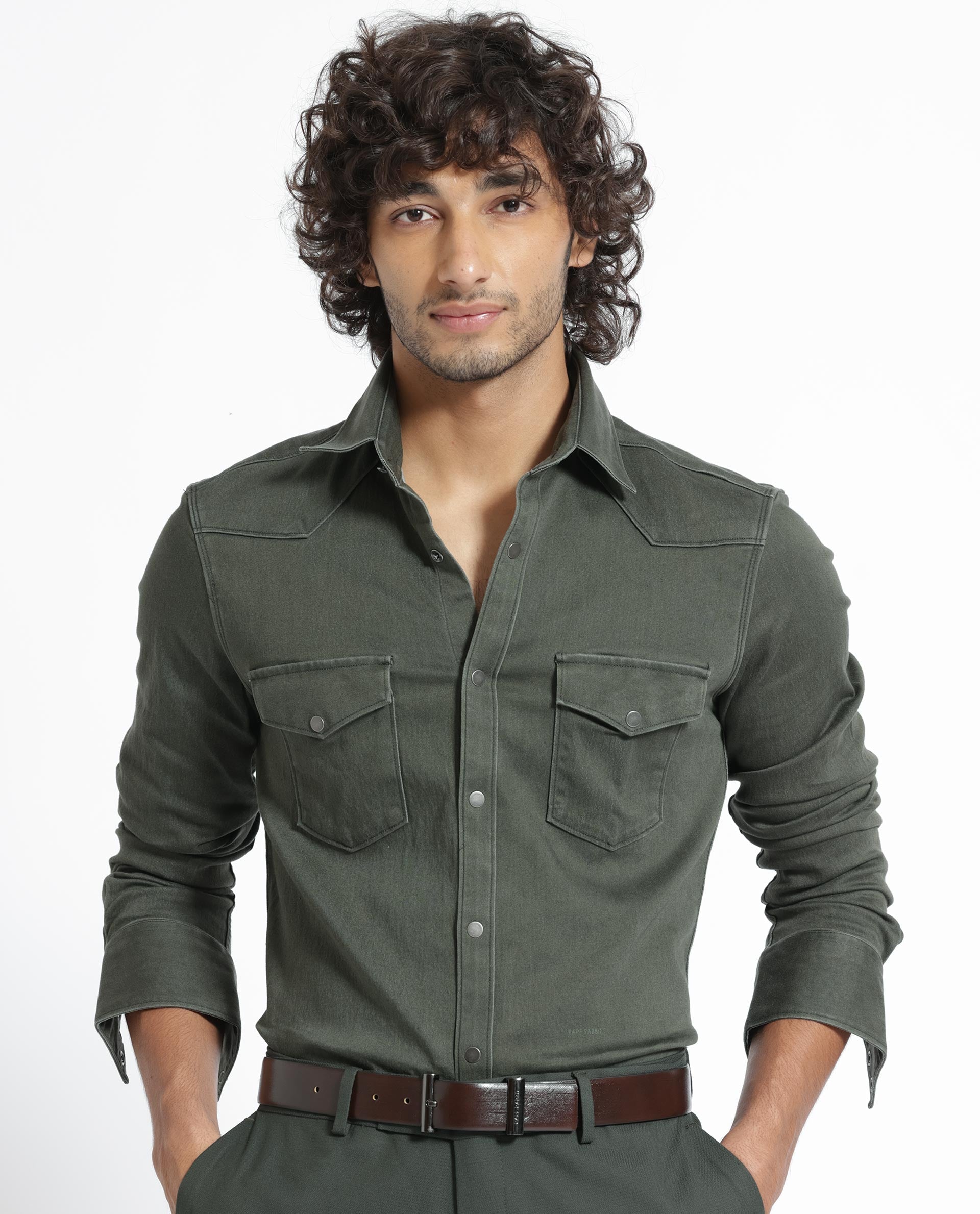 Rare Rabbit Men's Xenon Olive Cotton Plain Tailored Fit Full Sleeve Collared Shirt