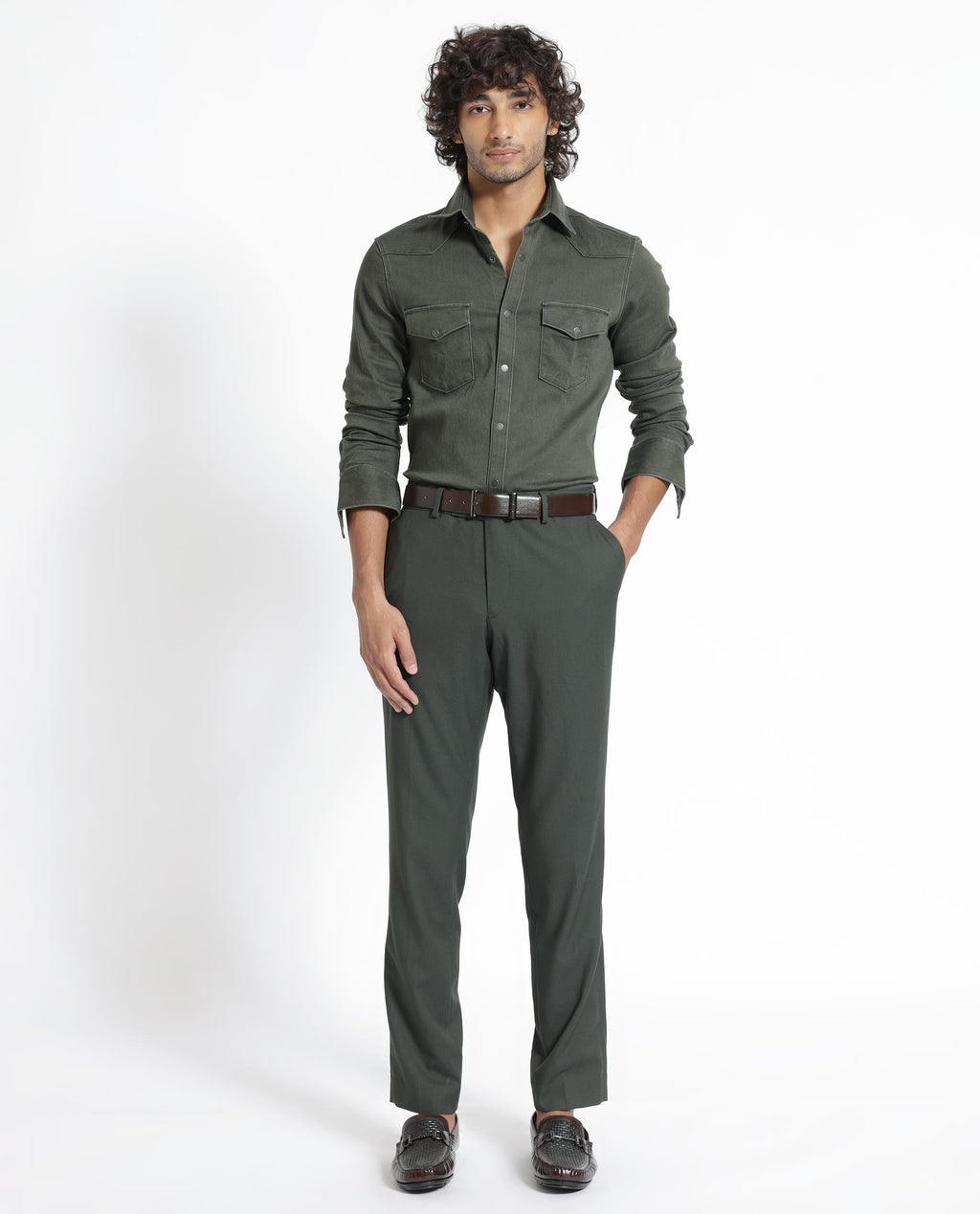 Rare Rabbit Men's Xenon Olive Cotton Plain Tailored Fit Full Sleeve Collared Shirt
