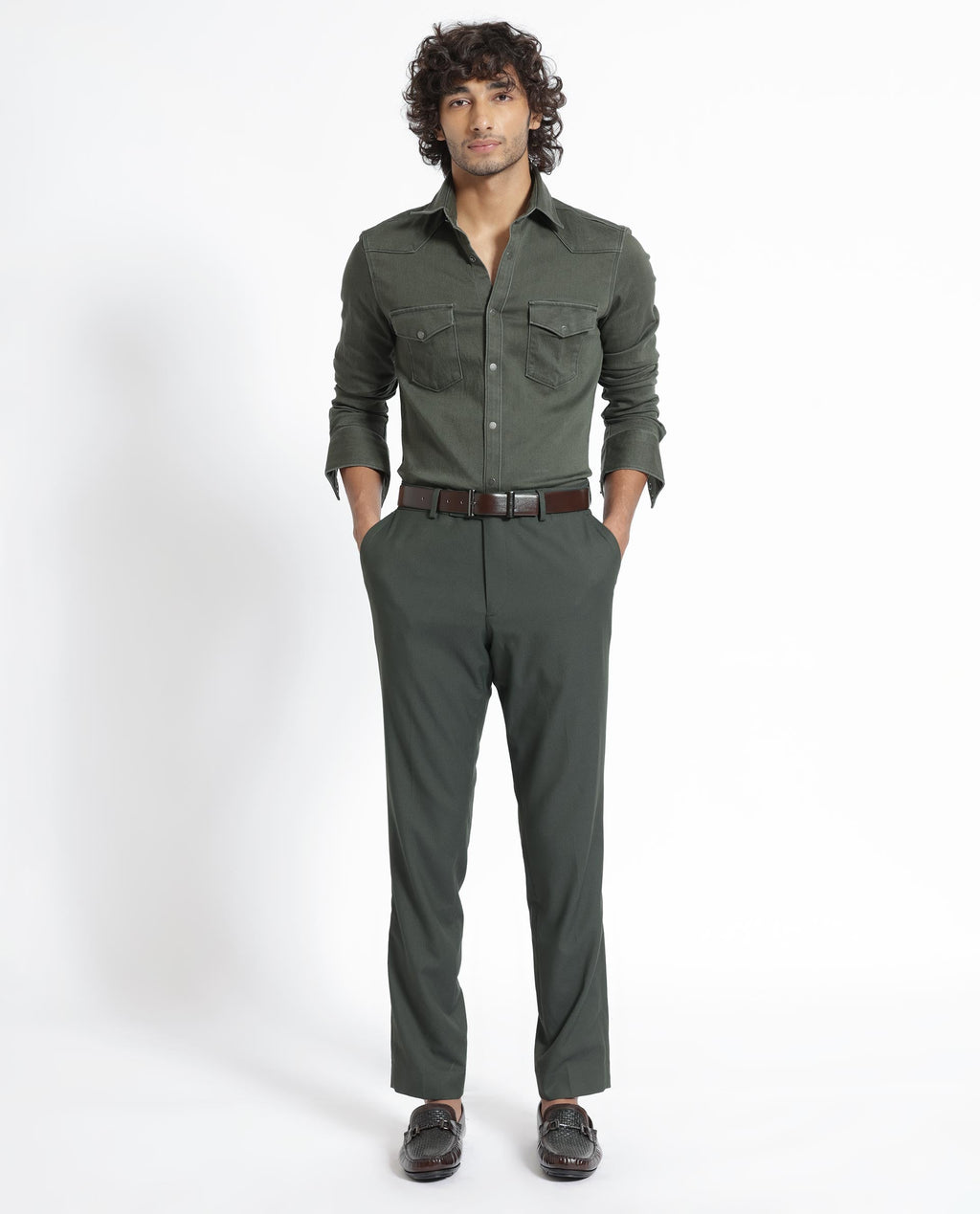 Rare Rabbit Men's Xenon Olive Cotton Plain Tailored Fit Full Sleeve Collared Shirt