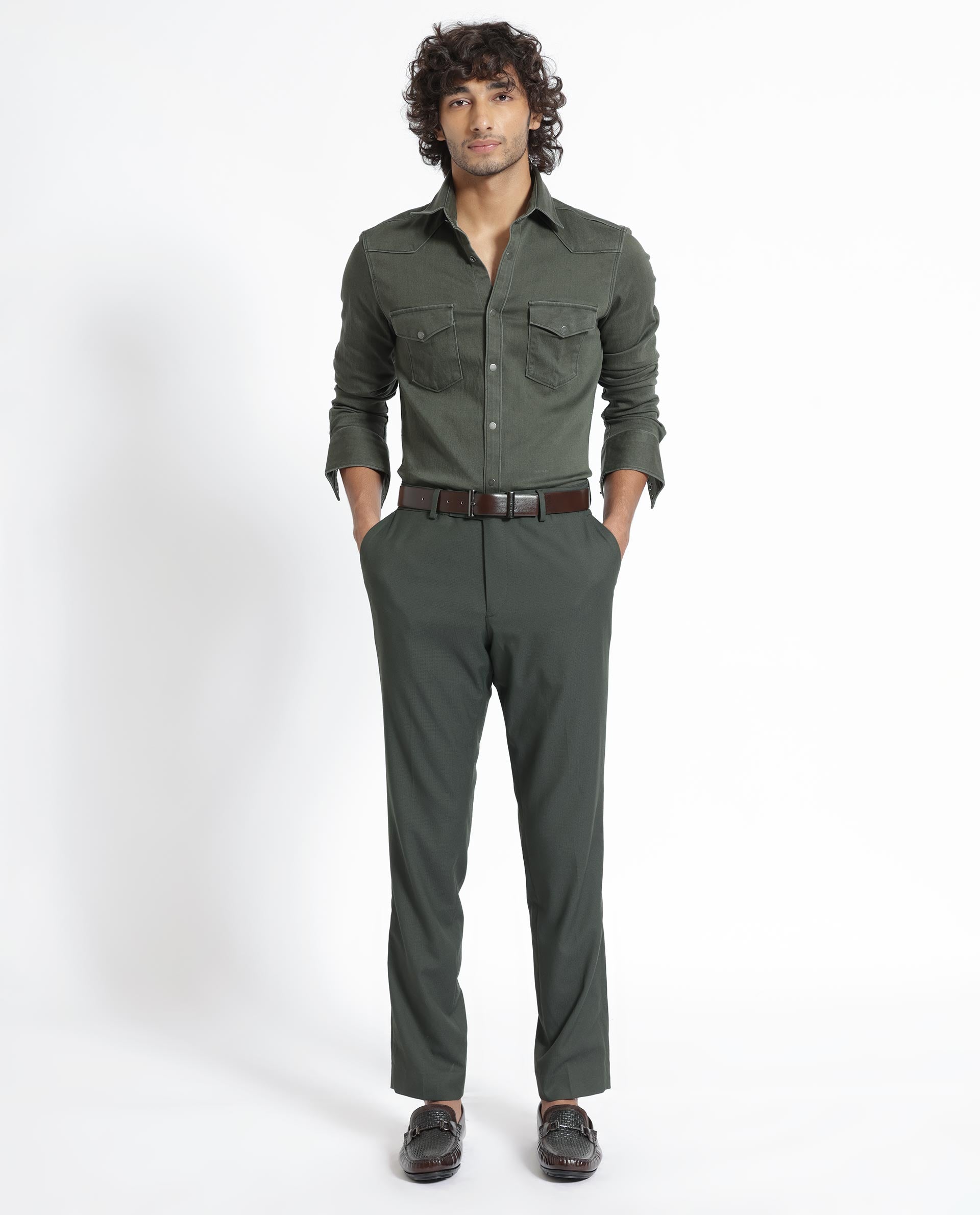 Rare Rabbit Men's Xenon Olive Cotton Plain Tailored Fit Full Sleeve Collared Shirt