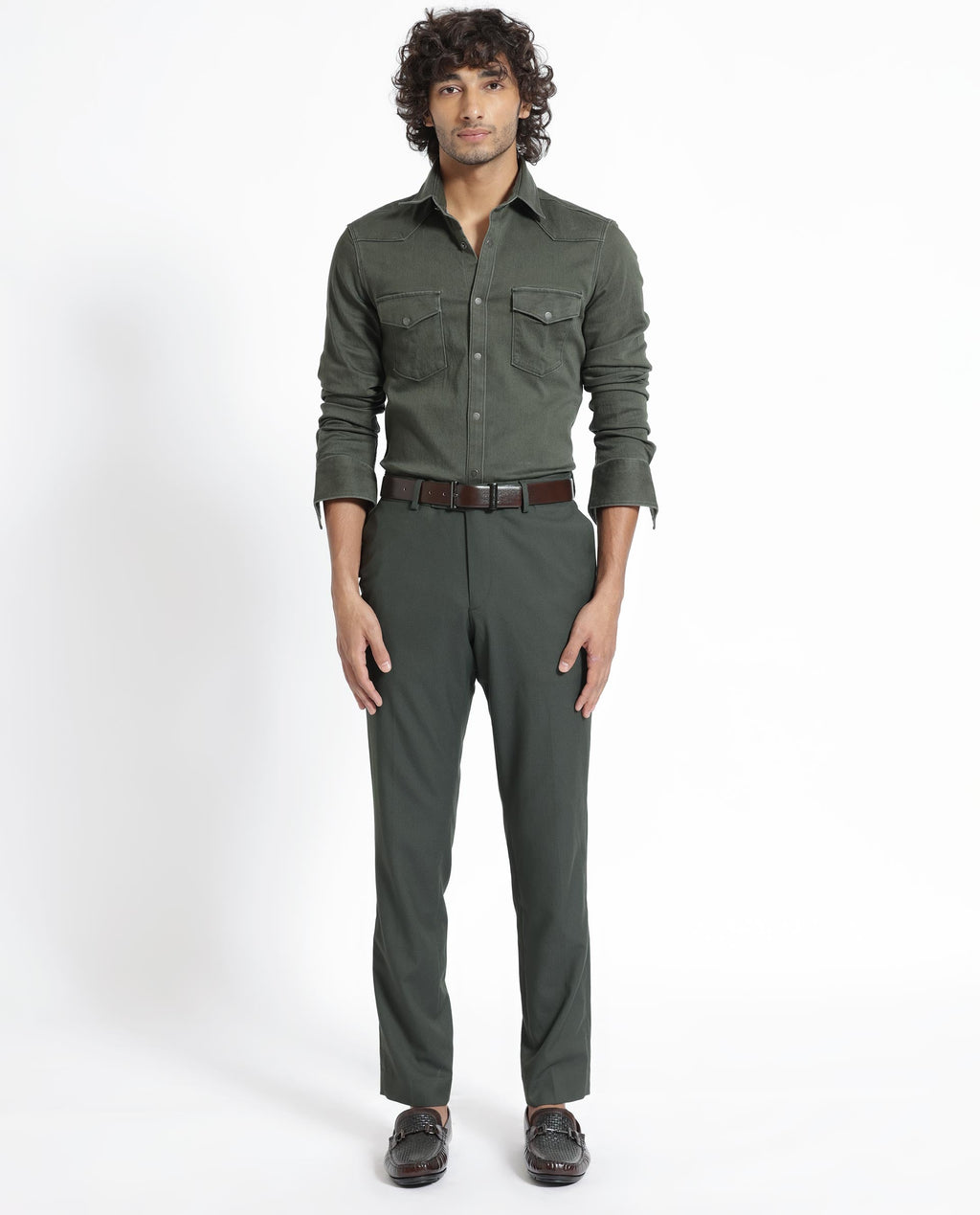 Rare Rabbit Men's Xenon Olive Cotton Plain Tailored Fit Full Sleeve Collared Shirt
