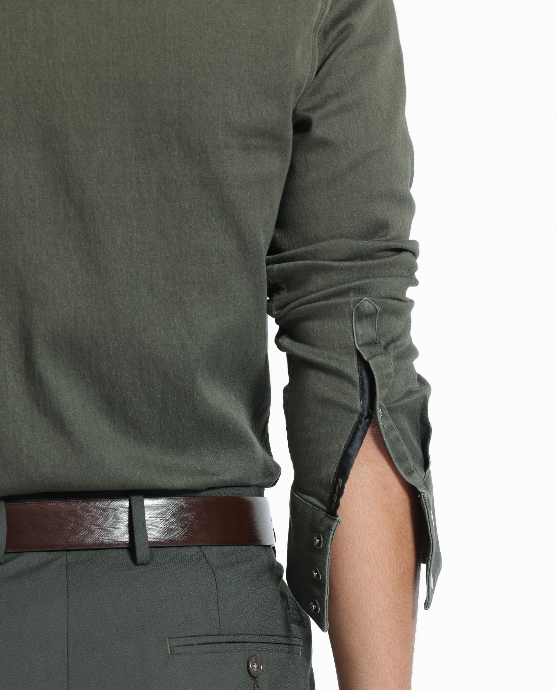 Rare Rabbit Men's Xenon Olive Cotton Plain Tailored Fit Full Sleeve Collared Shirt