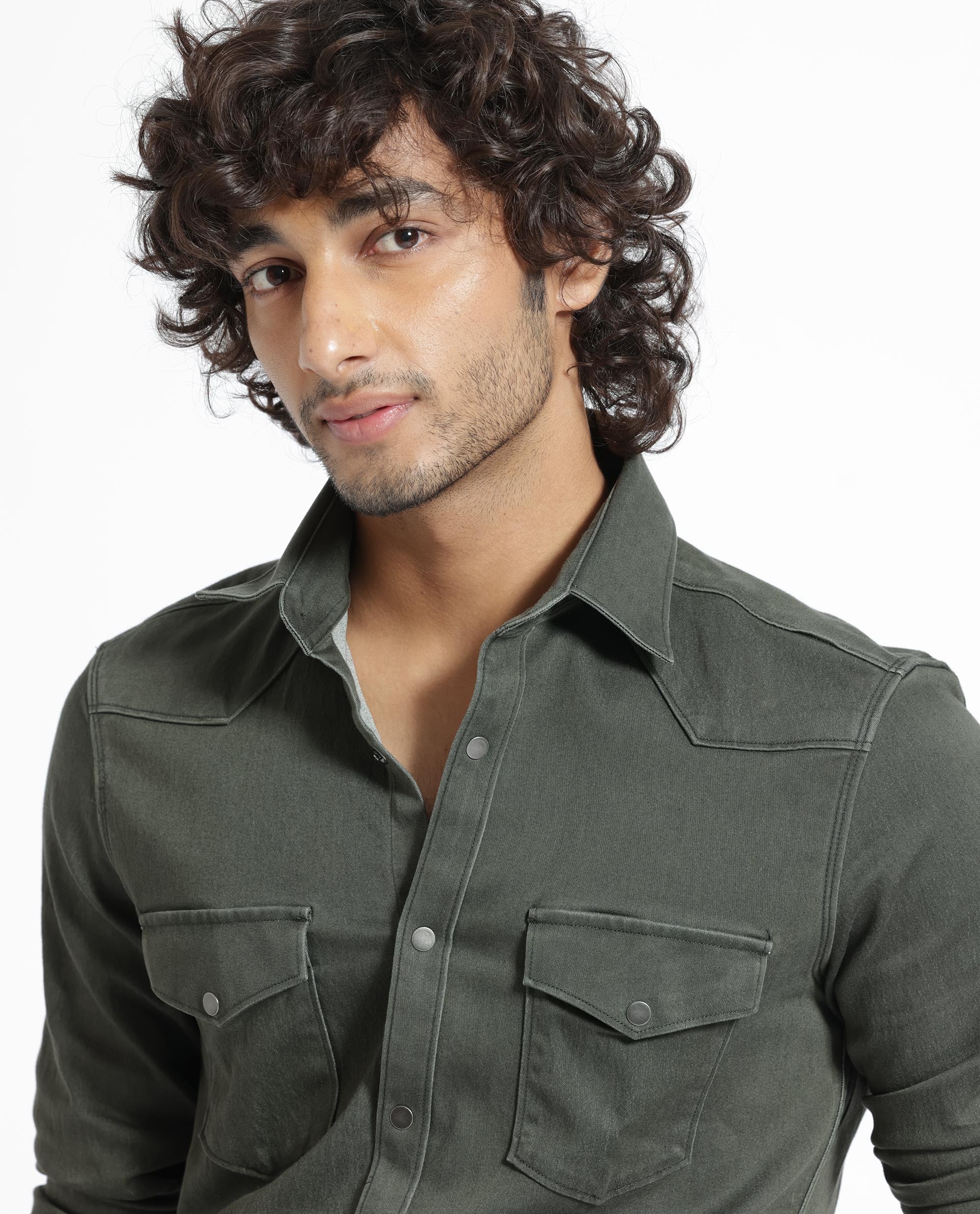 Rare Rabbit Men's Xenon Olive Cotton Plain Tailored Fit Full Sleeve Collared Shirt