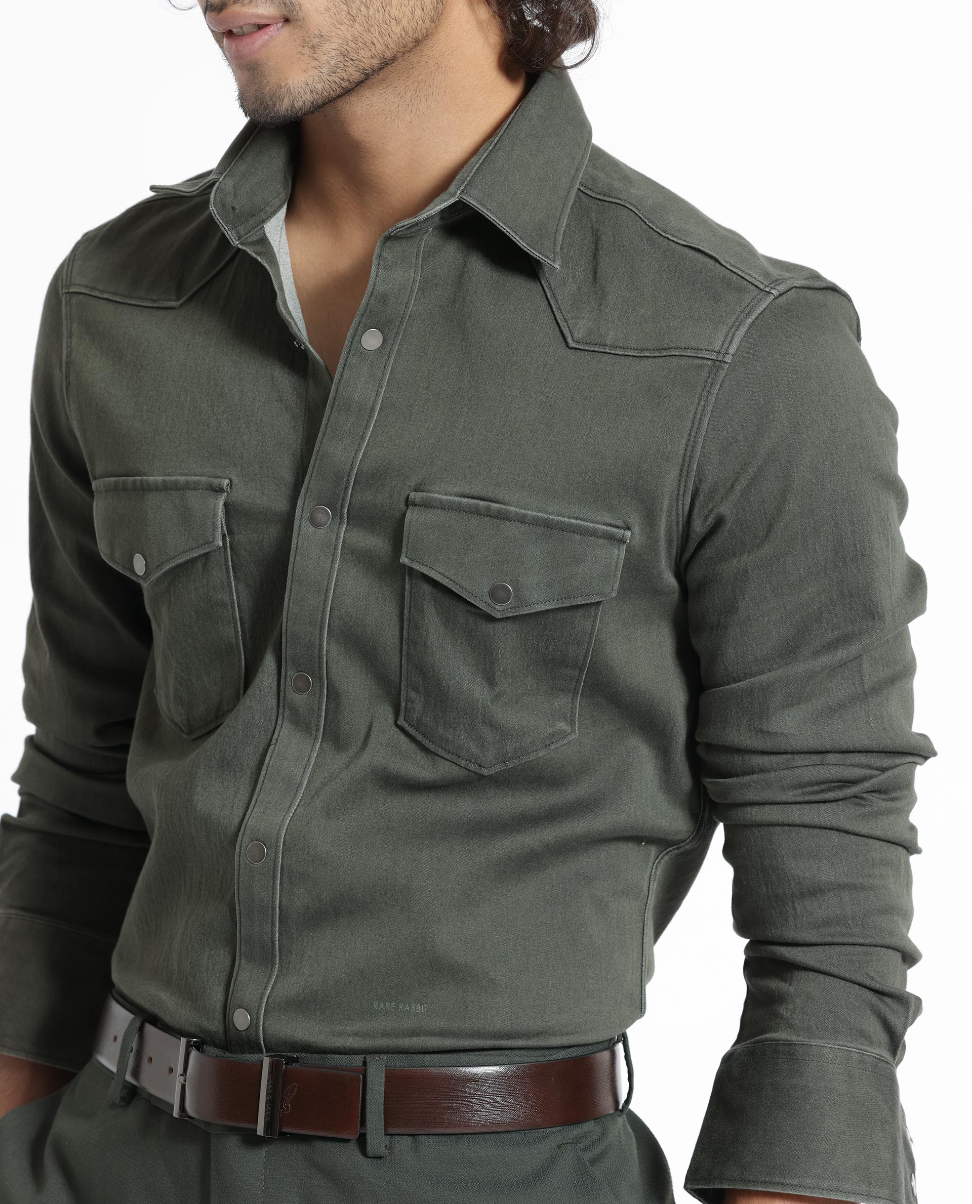 Rare Rabbit Men's Xenon Olive Cotton Plain Tailored Fit Full Sleeve Collared Shirt