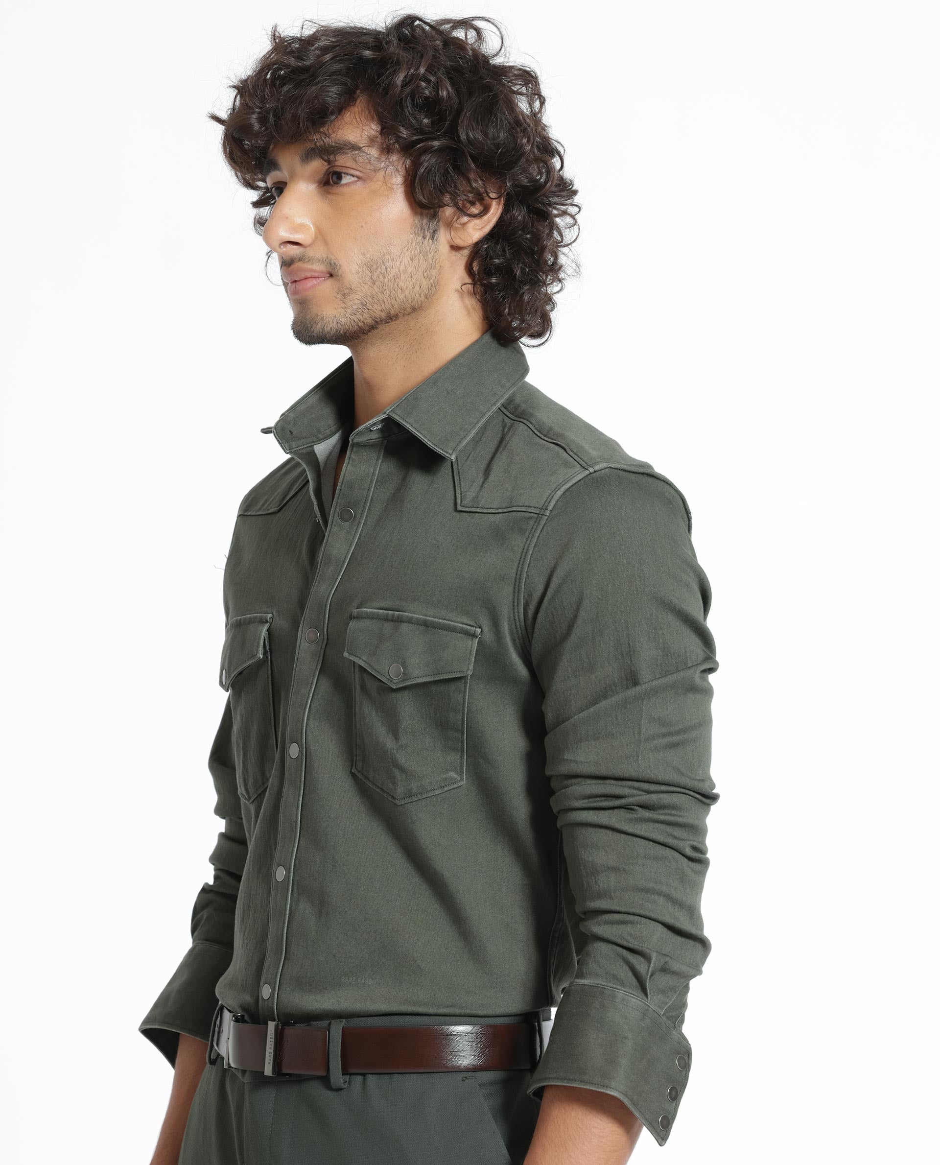Rare Rabbit Men's Xenon Olive Cotton Plain Tailored Fit Full Sleeve Collared Shirt