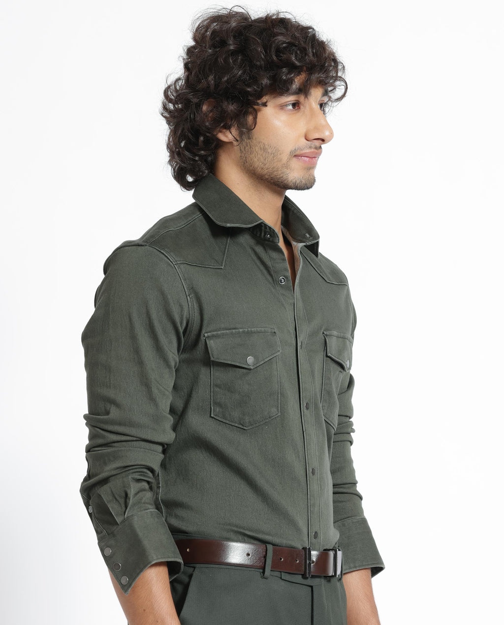 Rare Rabbit Men's Xenon Olive Cotton Plain Tailored Fit Full Sleeve Collared Shirt