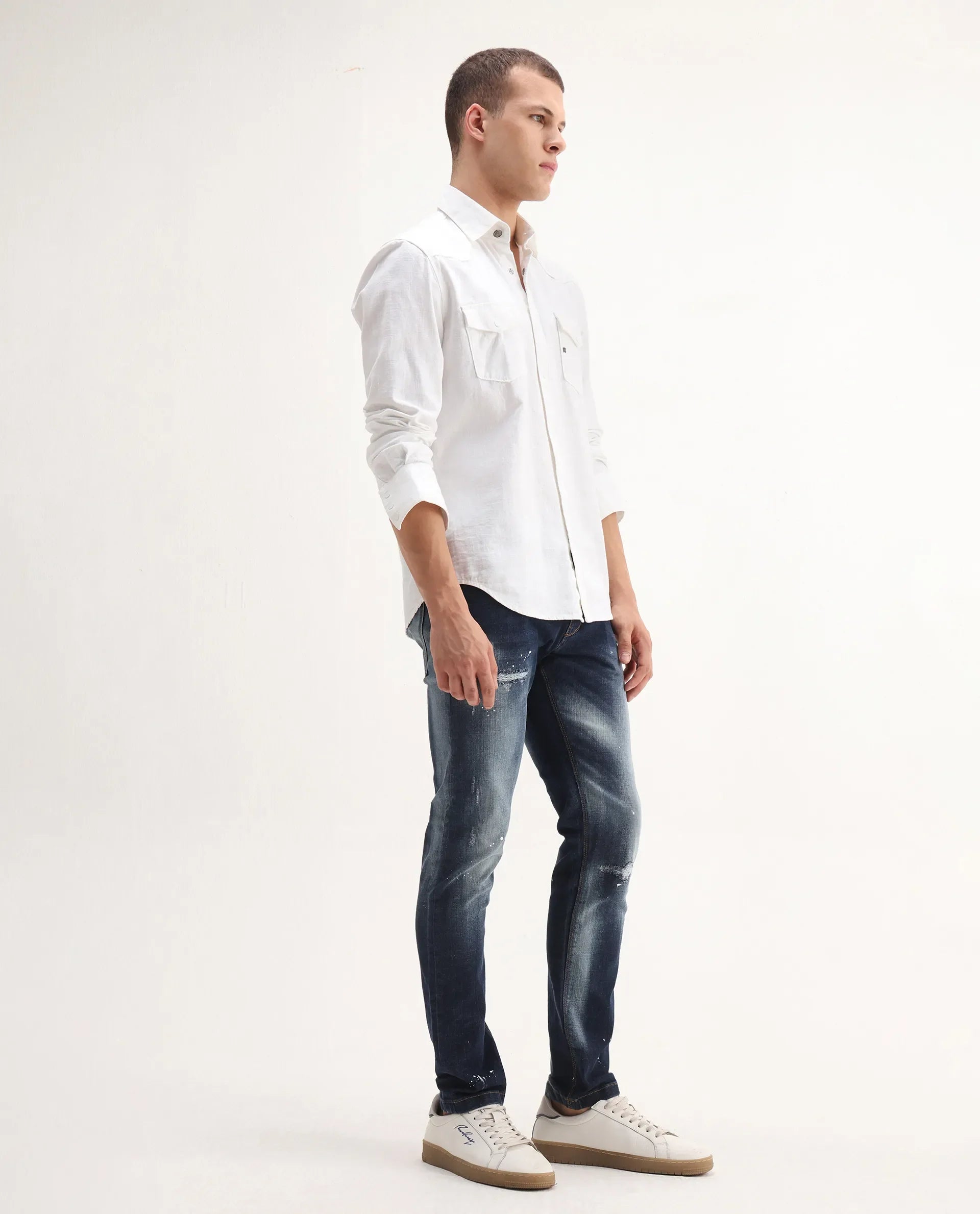 Rare Rabbit Men's Xian Blue Cotton Blend Plain Hawk Slim Fit Jeans