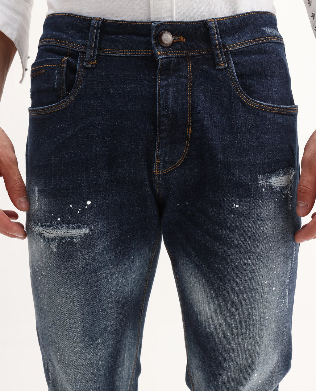 Rare Rabbit Men's Xian Blue Cotton Blend Plain Hawk Slim Fit Jeans