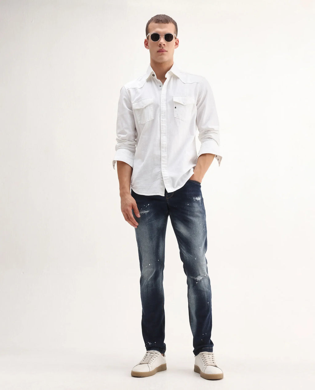Rare Rabbit Men's Xian Blue Cotton Blend Plain Hawk Slim Fit Jeans