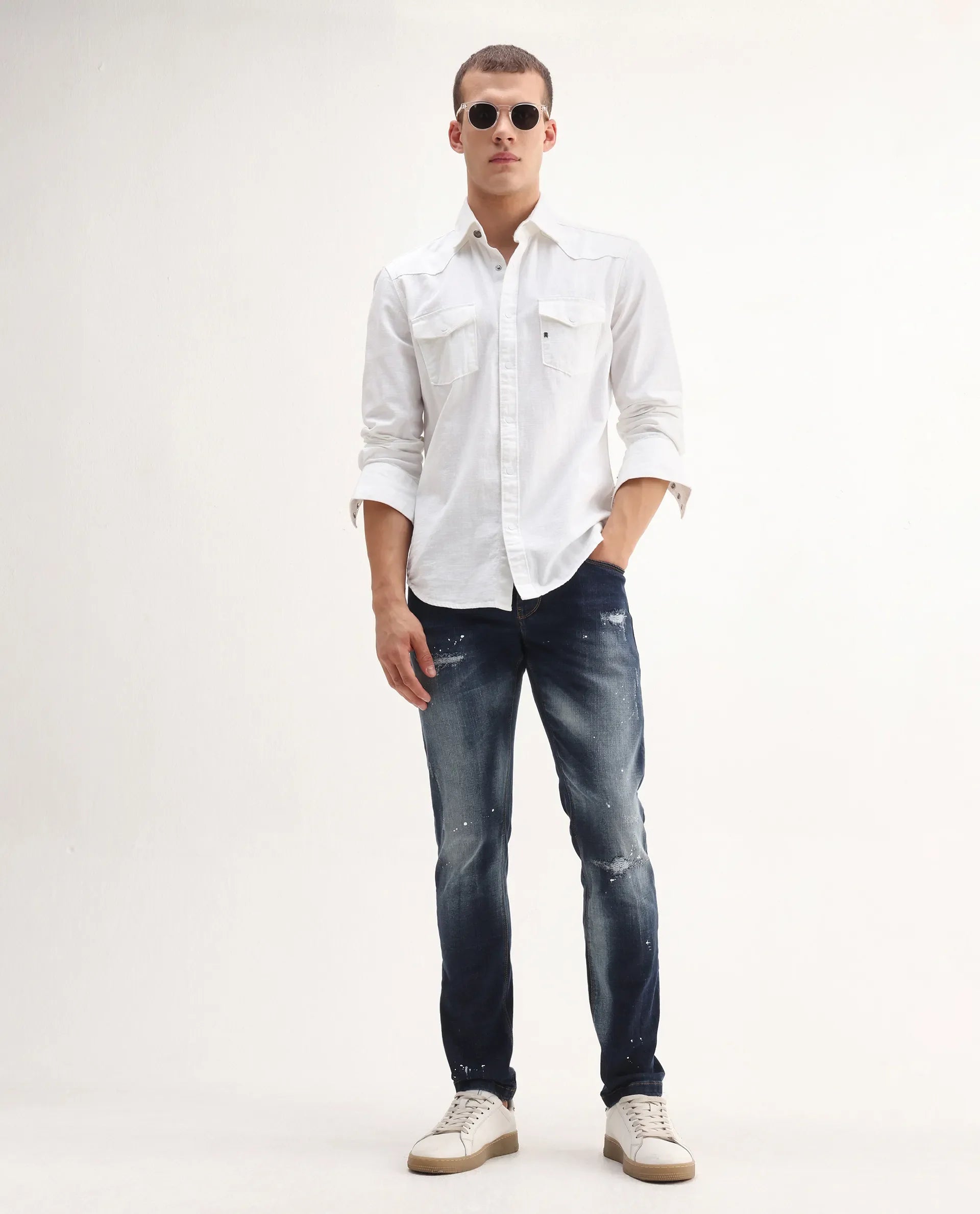 Rare Rabbit Men's Xian Blue Cotton Blend Plain Hawk Slim Fit Jeans