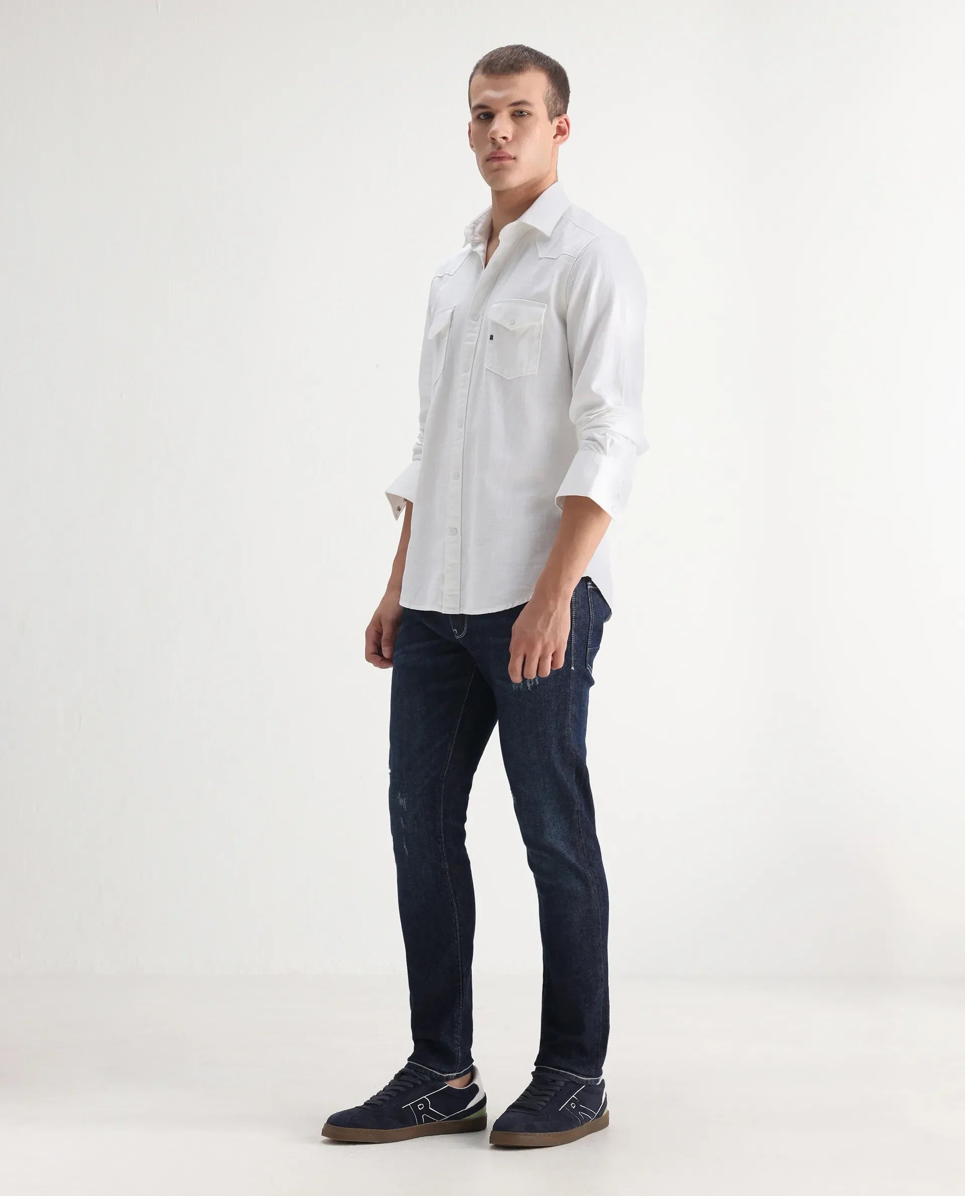 Rare Rabbit Men's Yuri Dark Blue Cotton Plain Hawk Slim Fit Jeans