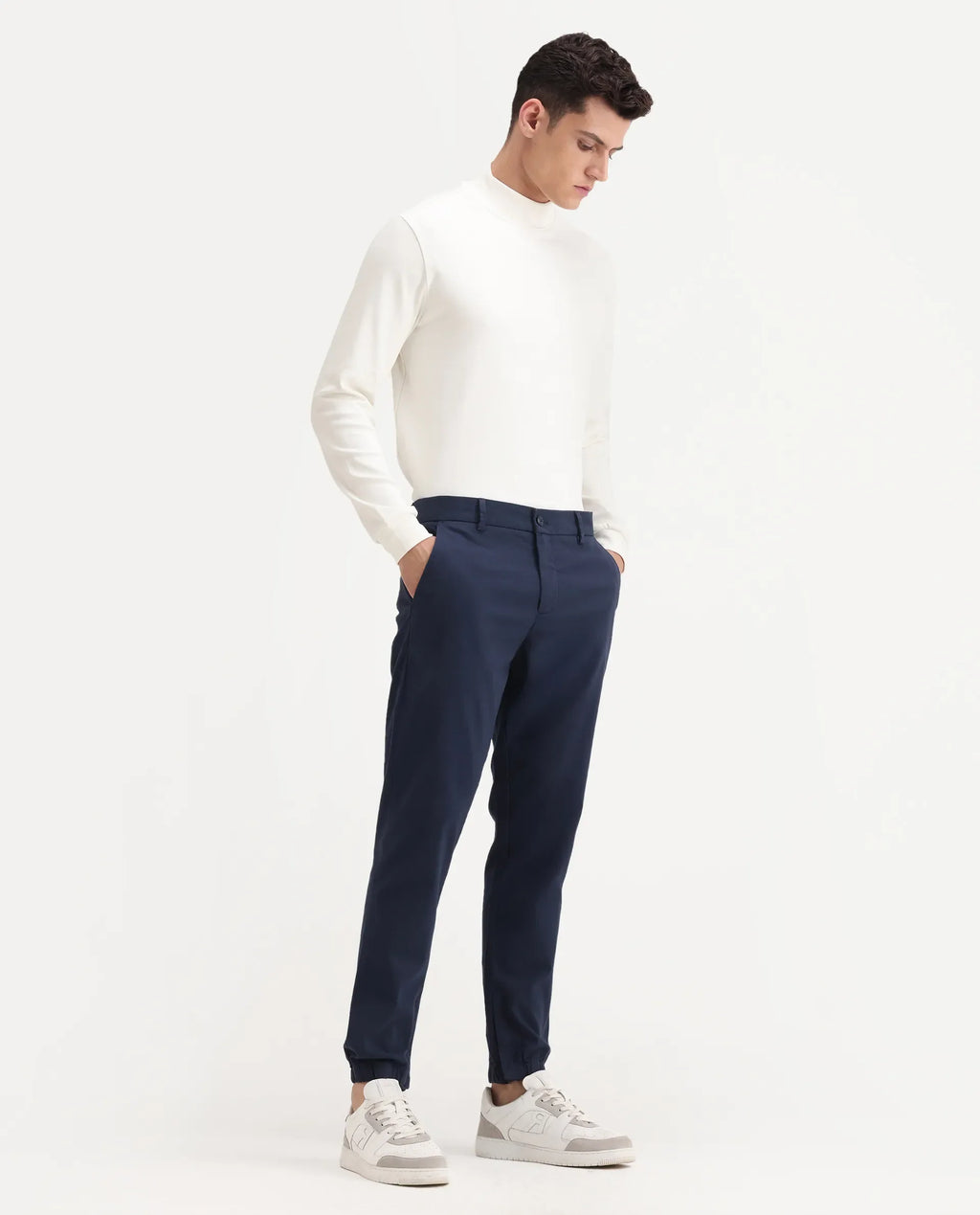 Rare Rabbit Men's Zade Navy Cotton Blend Plain Regular Fit Trouser