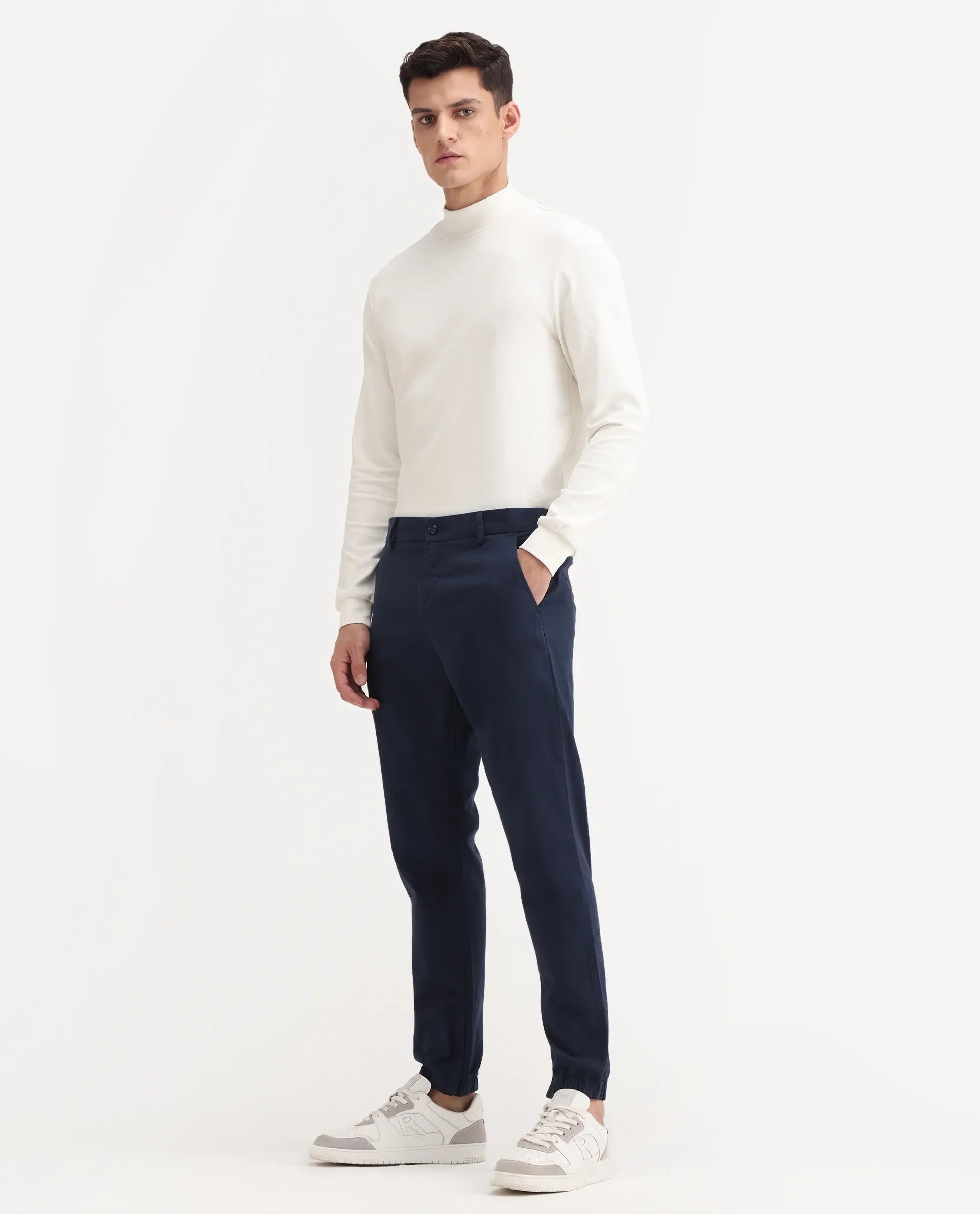 Rare Rabbit Men's Zade Navy Cotton Blend Plain Regular Fit Trouser
