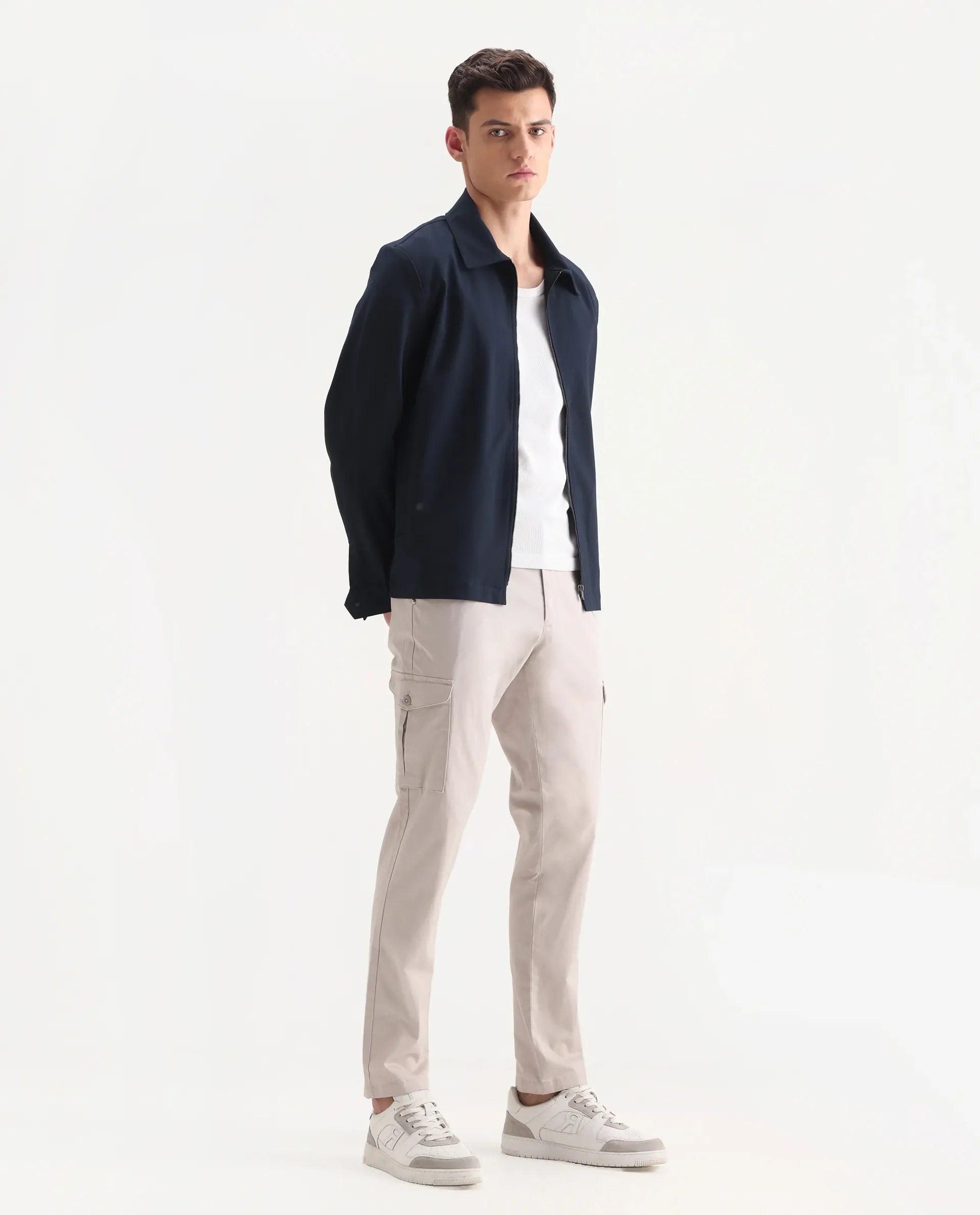 Rare Rabbit Men's Zipe Light Grey Cotton Plain Regular Fit Trouser
